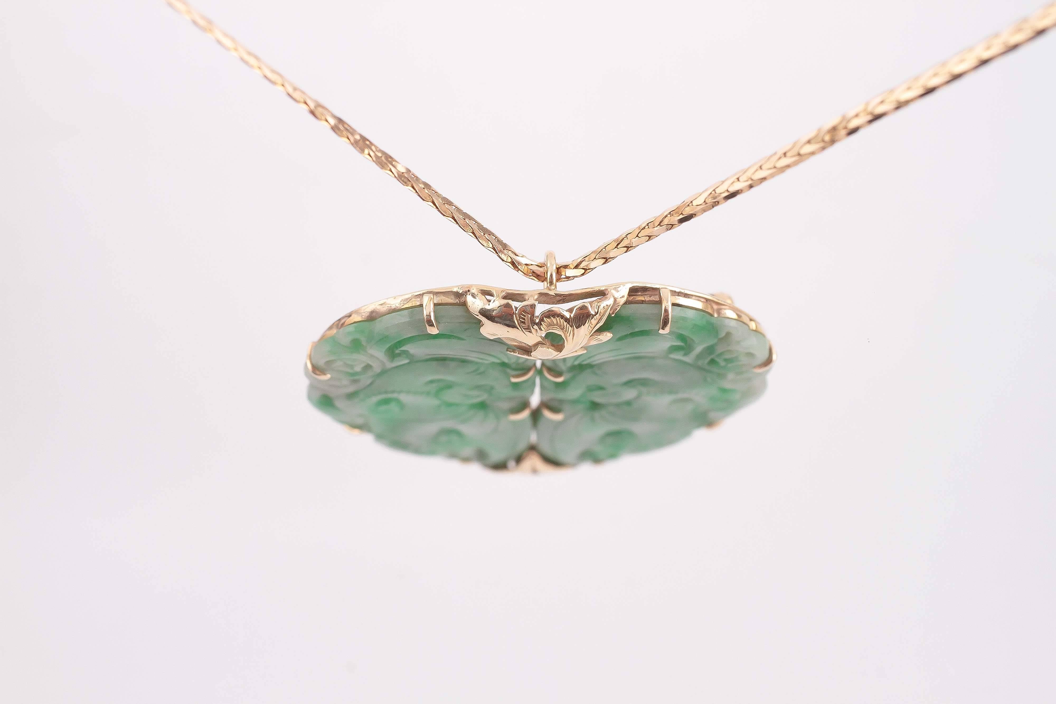 Contemporary Mid Century Jade Pin Pendant with Gold Chain