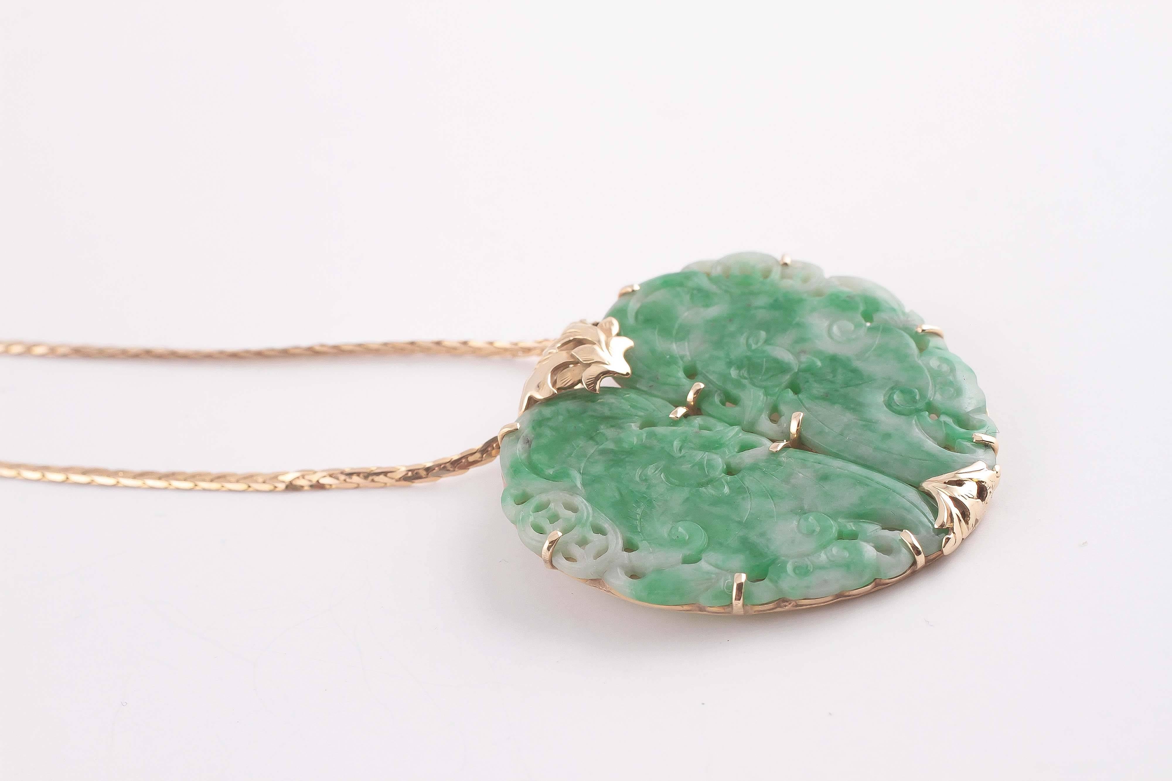 Women's Mid Century Jade Pin Pendant with Gold Chain