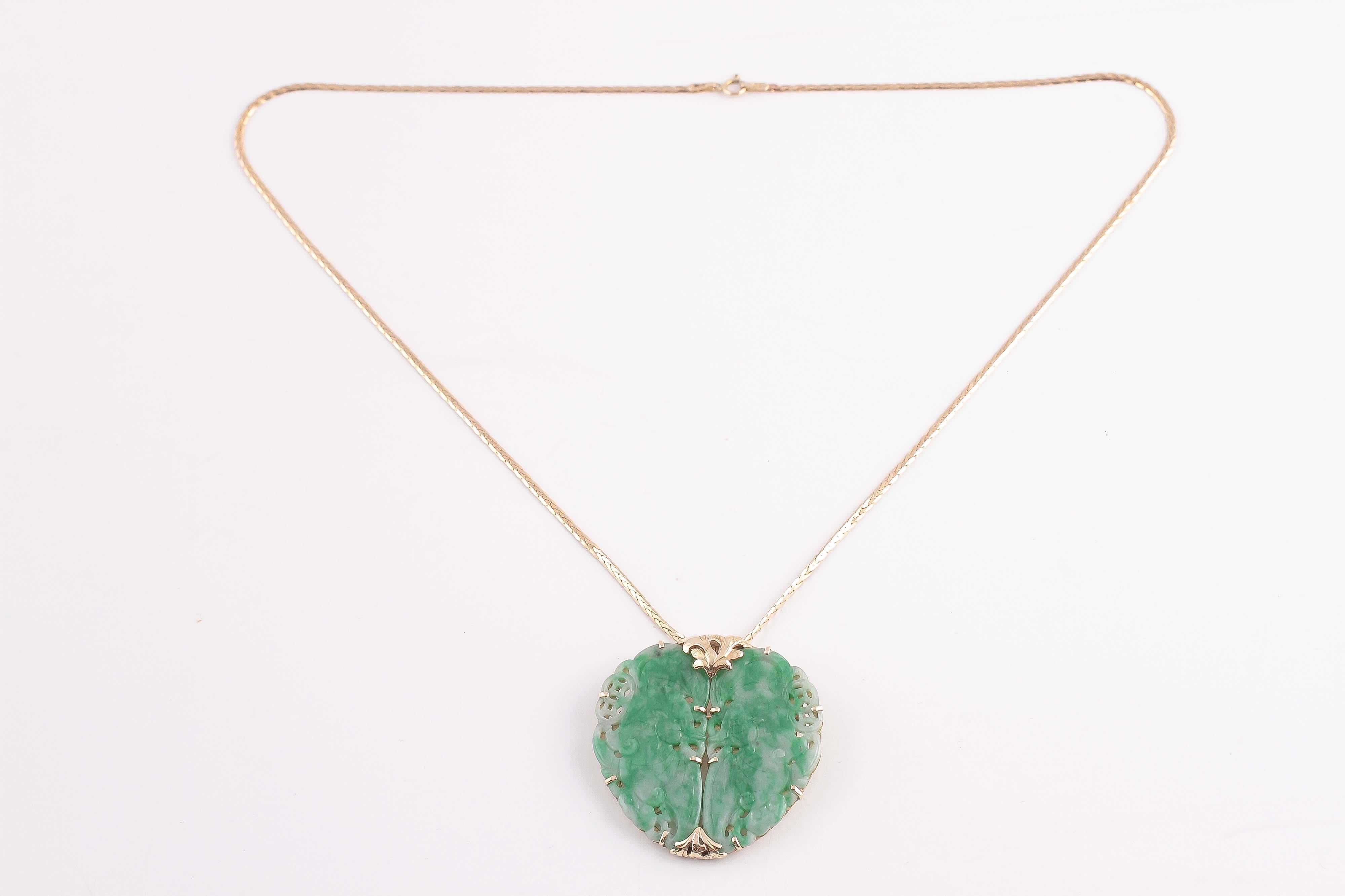 Mid Century Jade Pin Pendant with Gold Chain 2