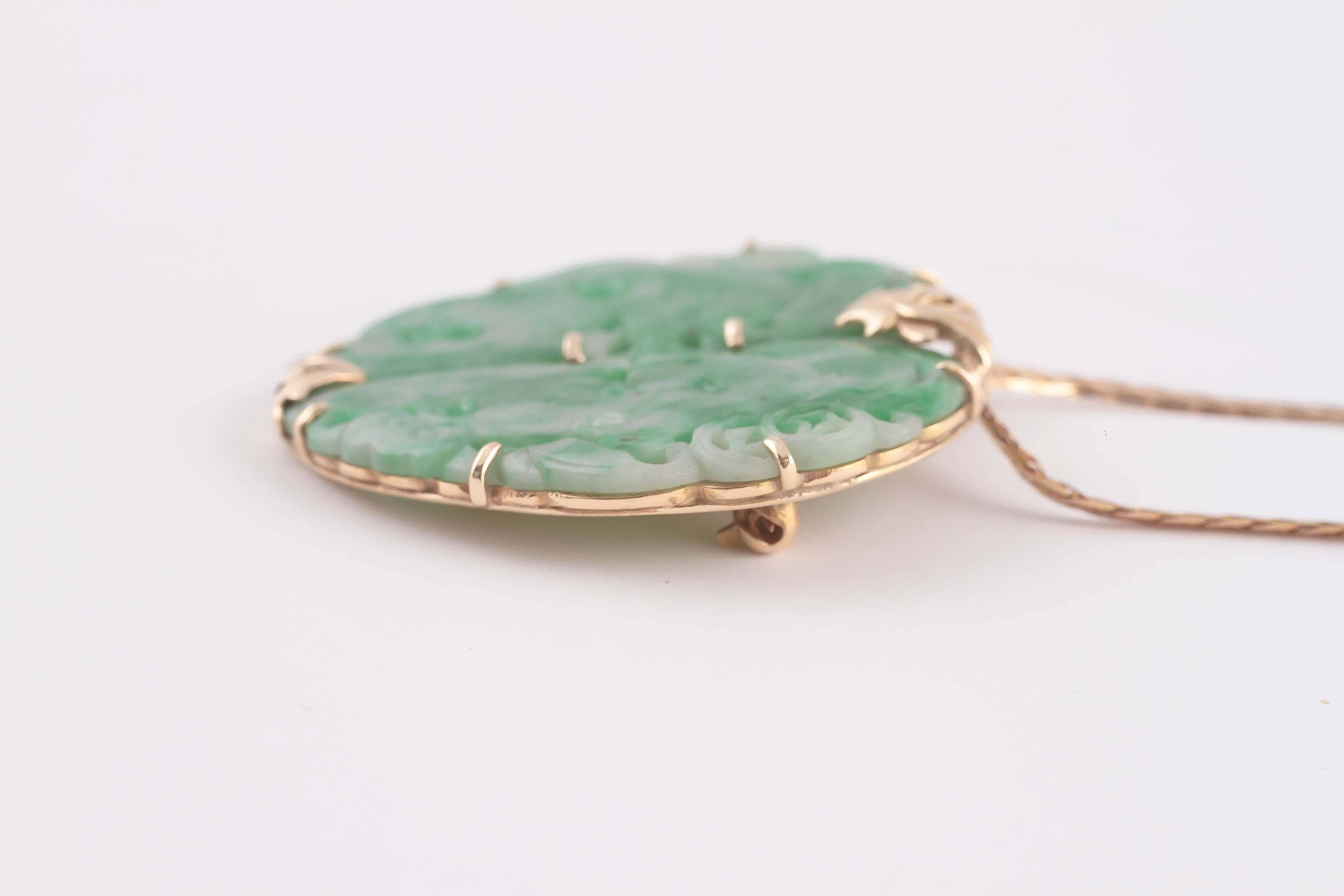 Mid Century Jade Pin Pendant with Gold Chain 3