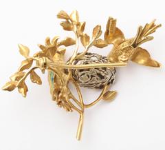Gold Pearl and Enamel Birds and Nest Brooch