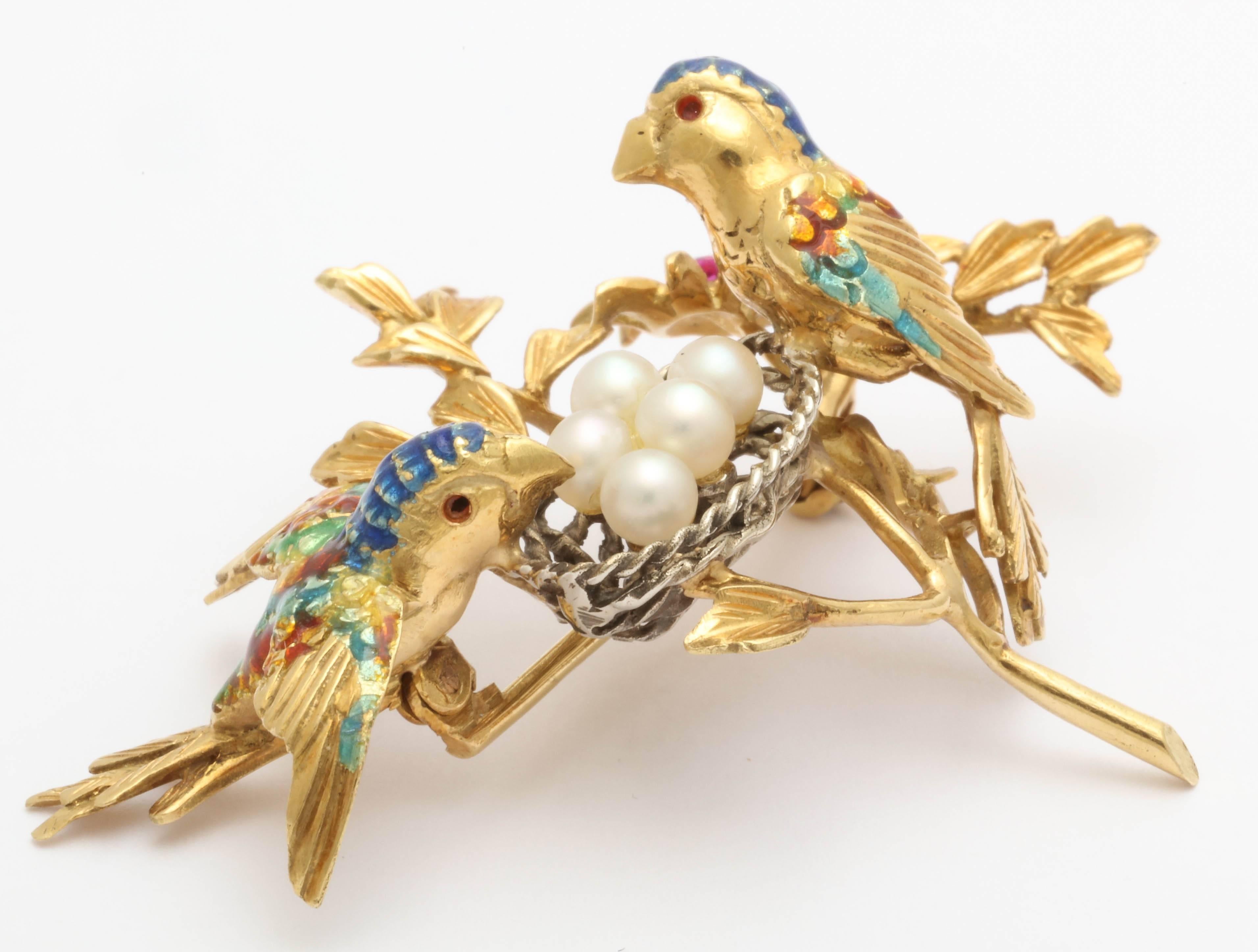 Art Nouveau Gold Pearl and Enamel Birds and Nest Brooch For Sale