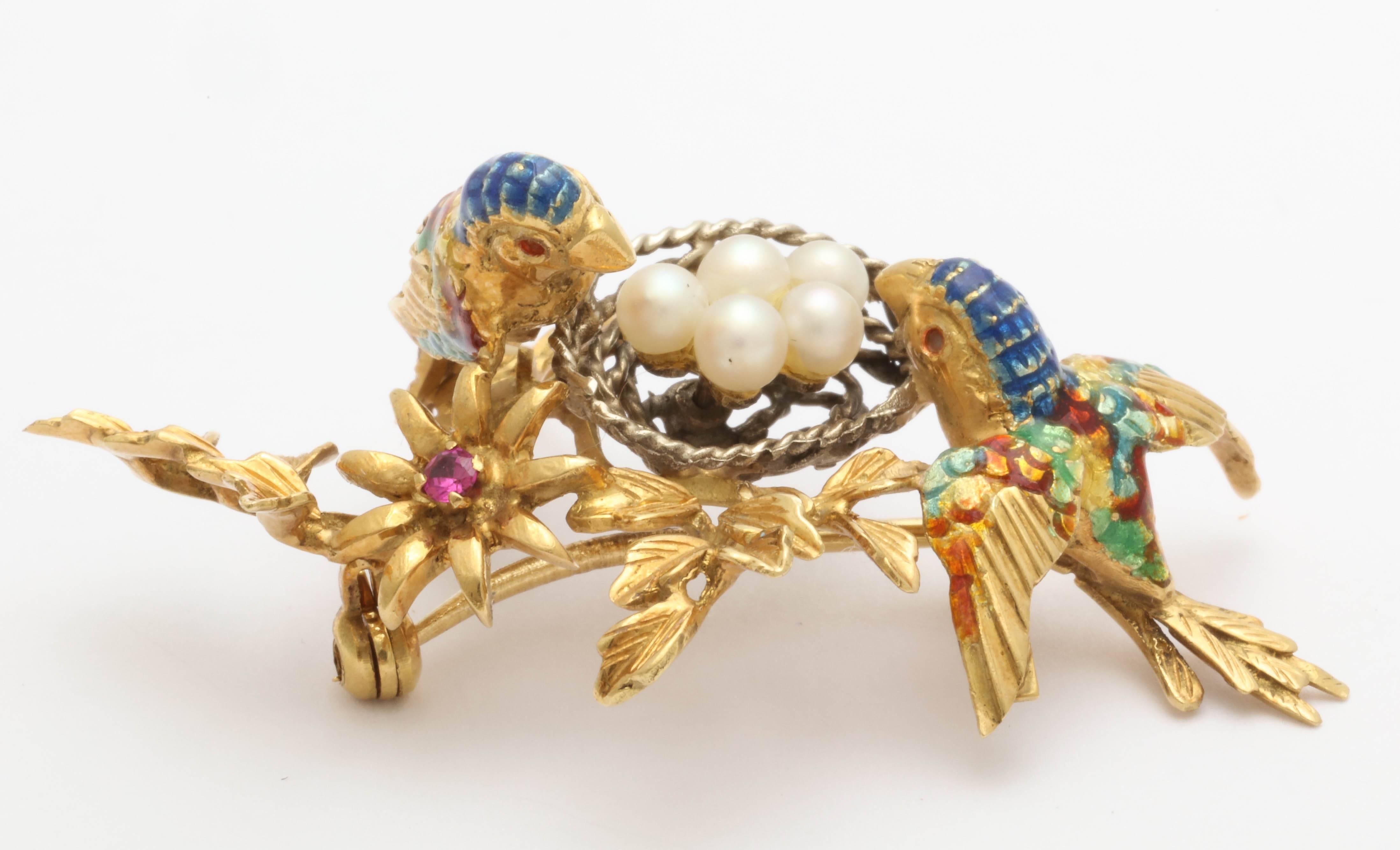 Gold Pearl and Enamel Birds and Nest Brooch In Excellent Condition For Sale In TRYON, NC