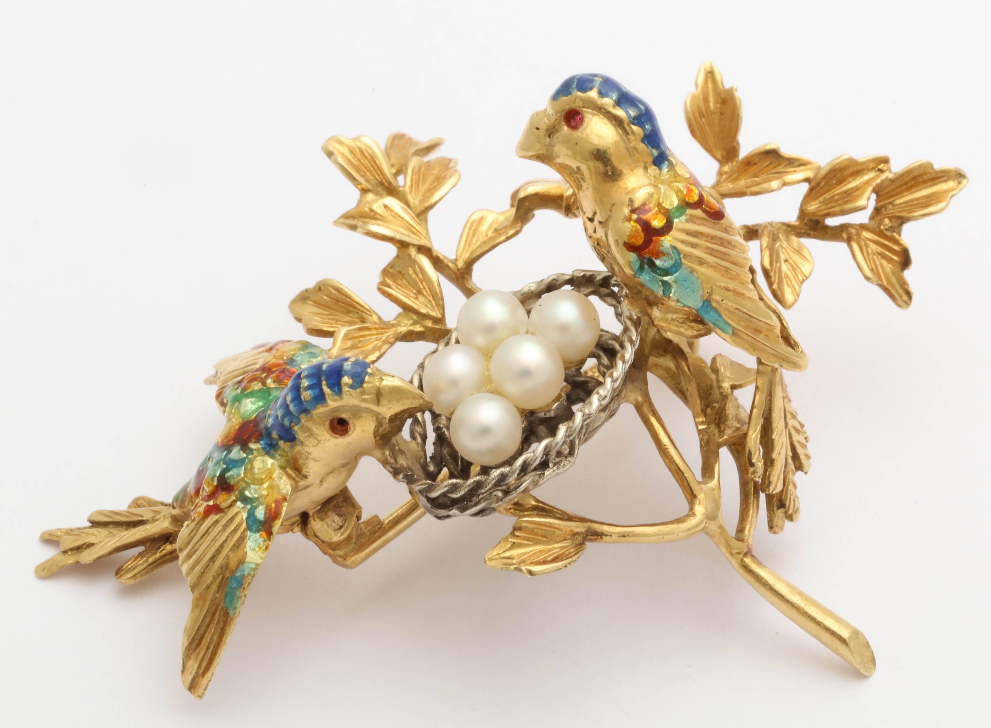 Gold Pearl and Enamel Birds and Nest Brooch For Sale 1