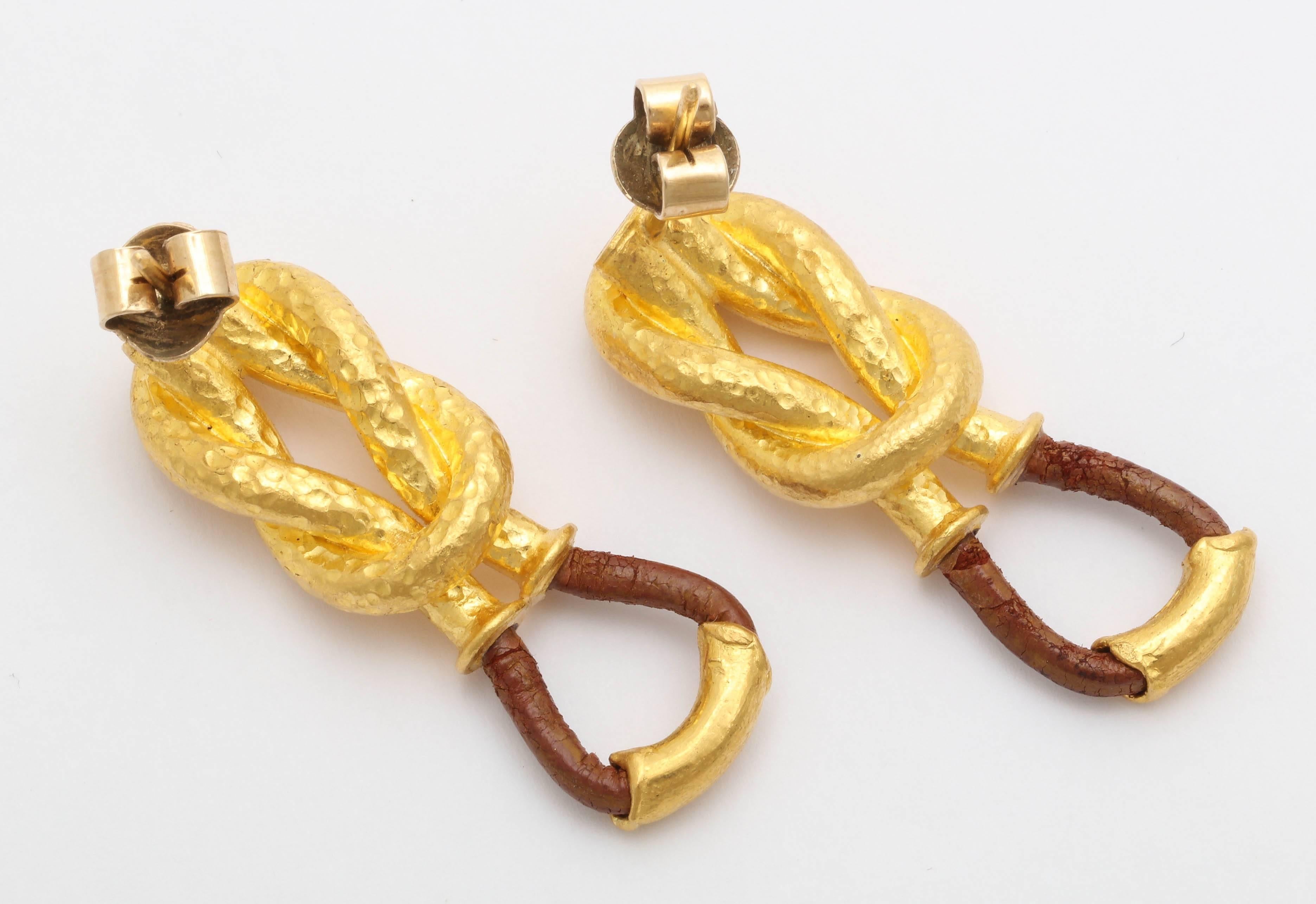 Women's or Men's Unique High Karat Gold and Leather Earrings For Sale