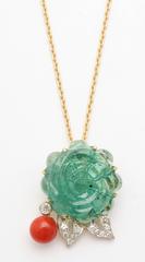 Carved Emerald Rose with Coral Pendant Necklace