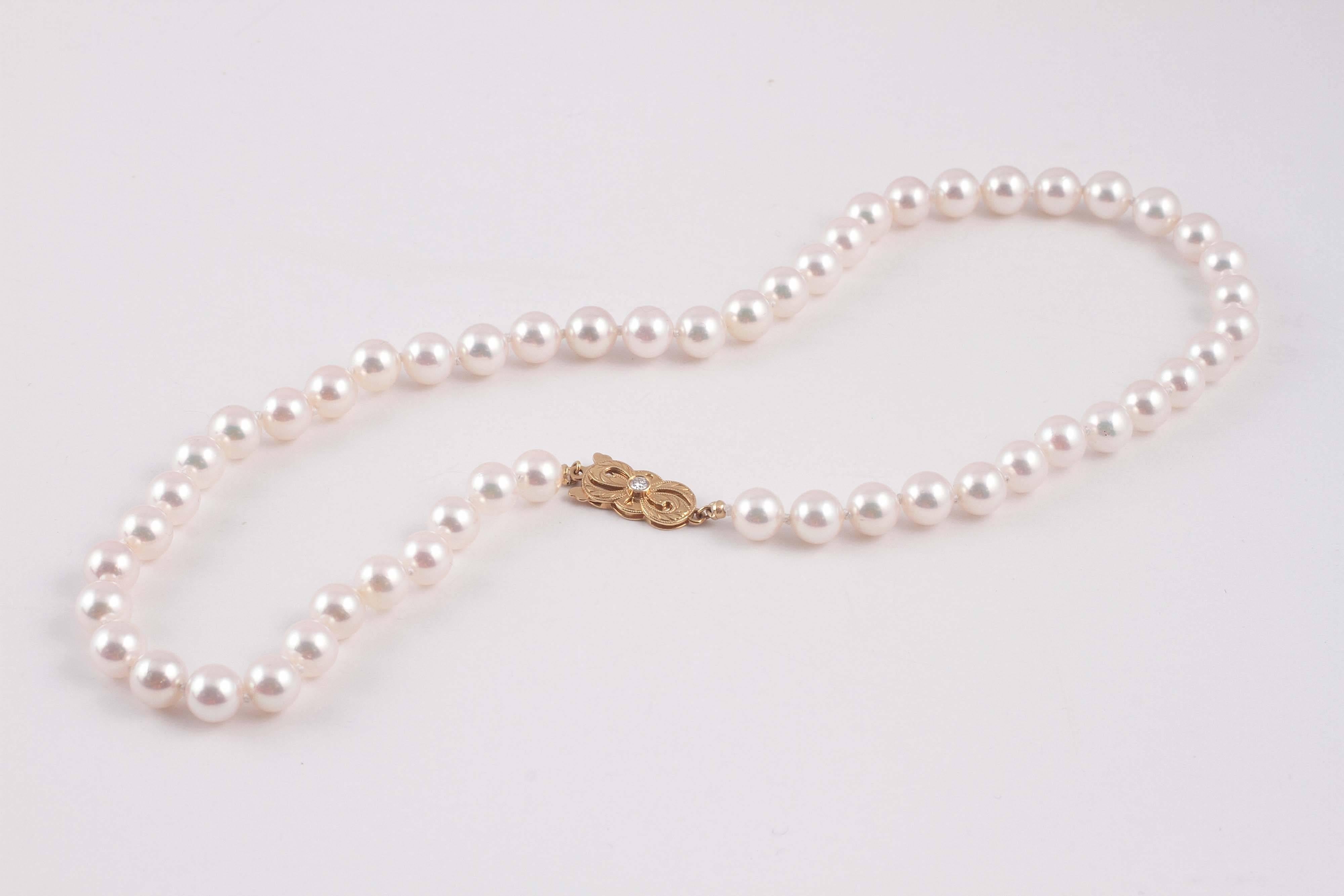 Mikimoto Pearl Necklace with Accent Diamond Clasp In Excellent Condition In Dallas, TX