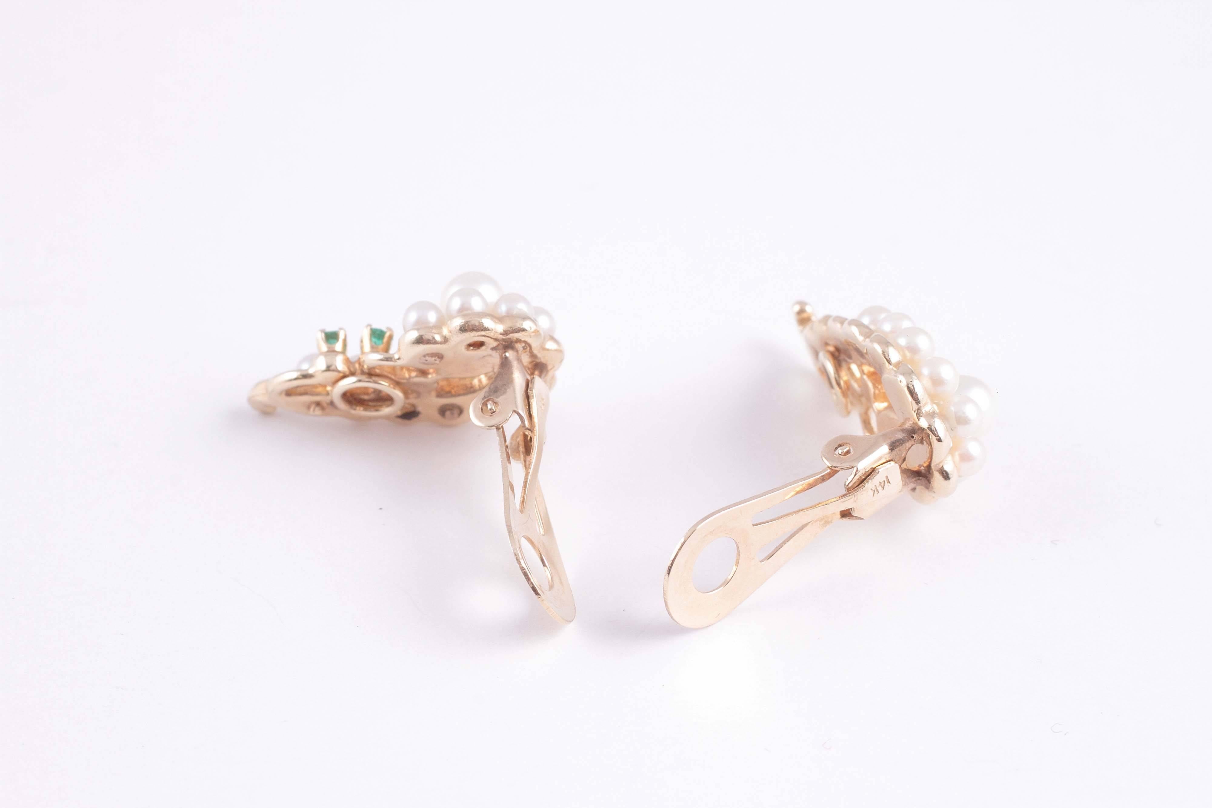 Cultured Pearl Emerald Gold Earrings 1