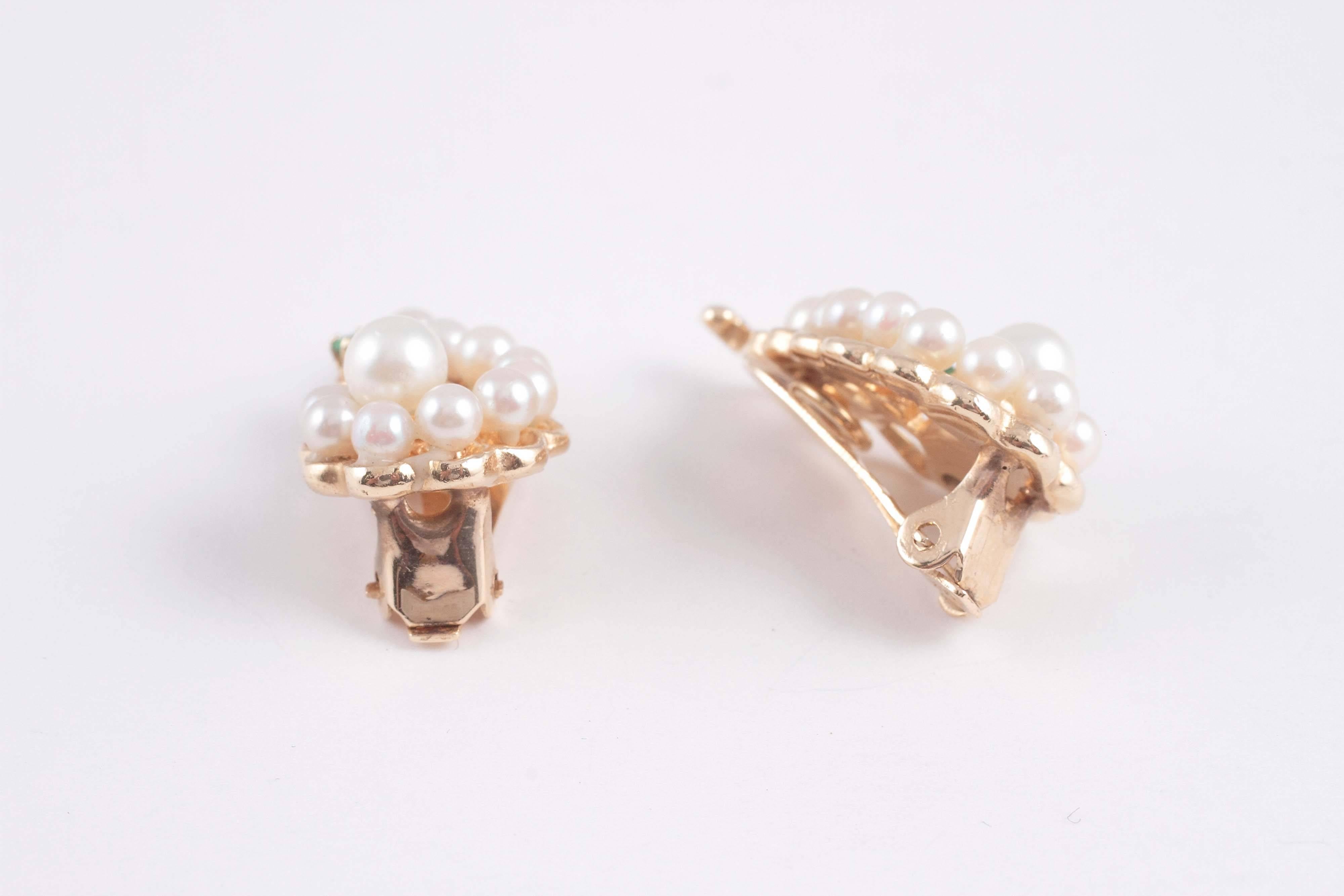Cultured Pearl Emerald Gold Earrings 2