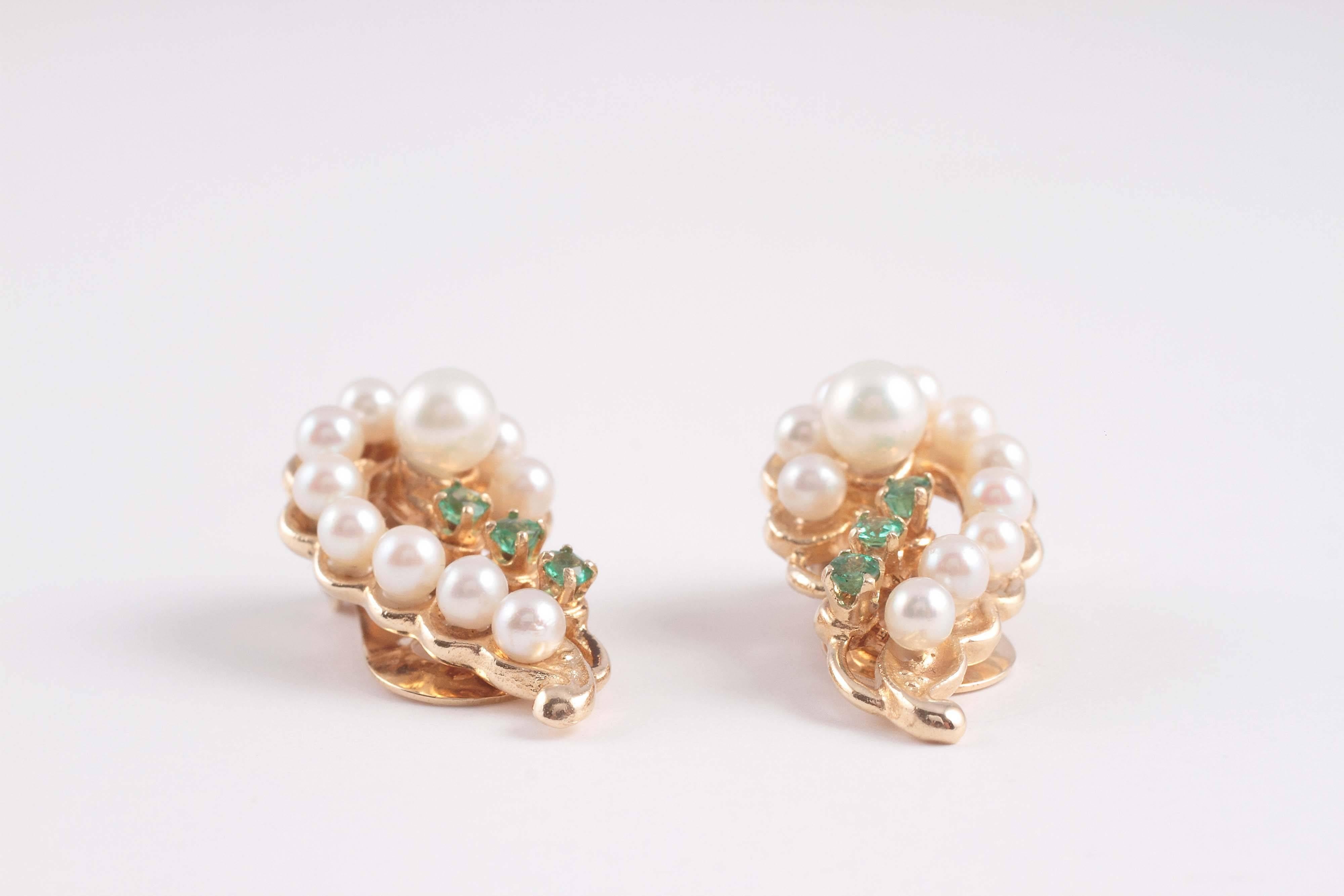 Cultured Pearl Emerald Gold Earrings 4