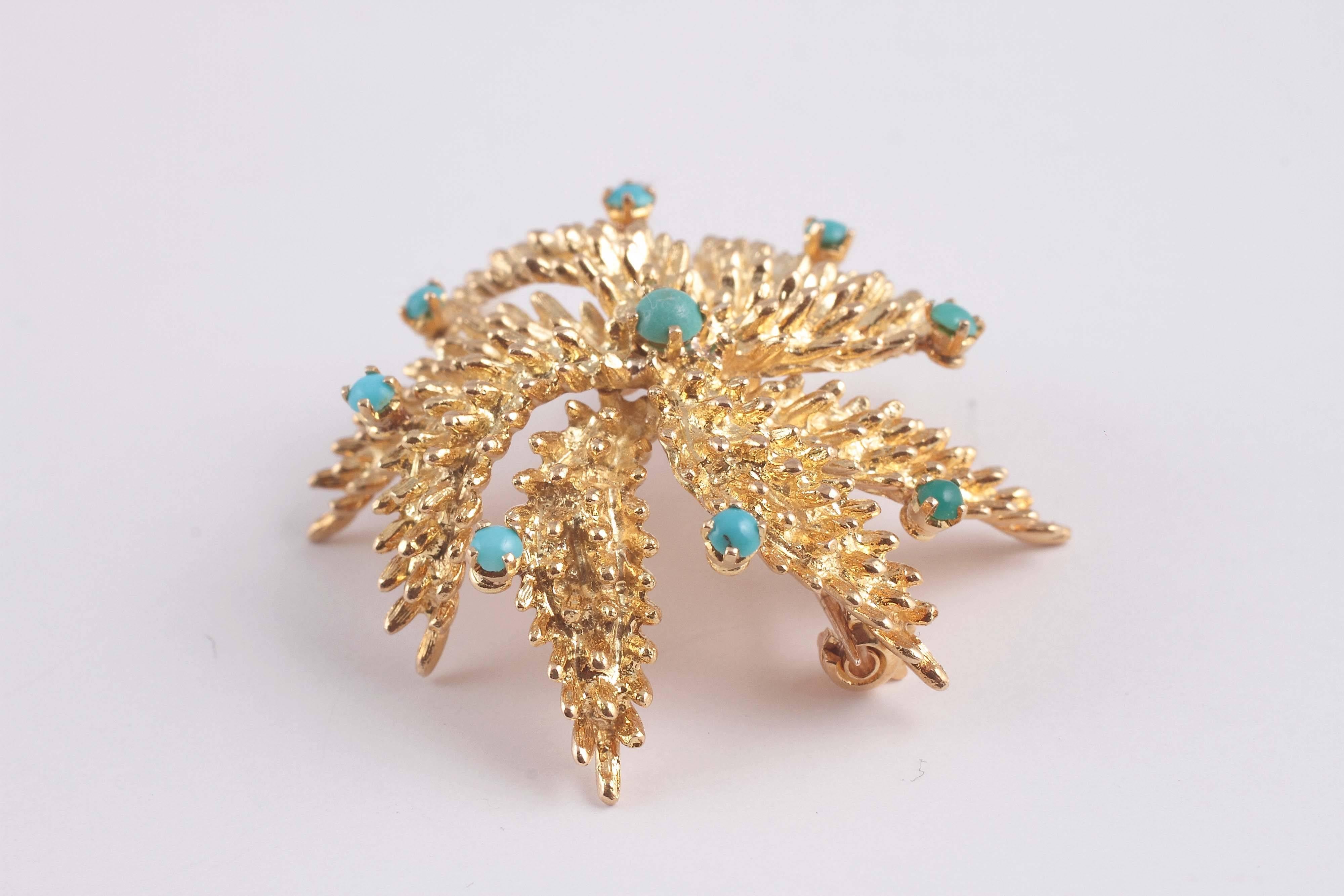 1960s Turquoise Gold Spiral Star Shape Brooch In Excellent Condition In Dallas, TX