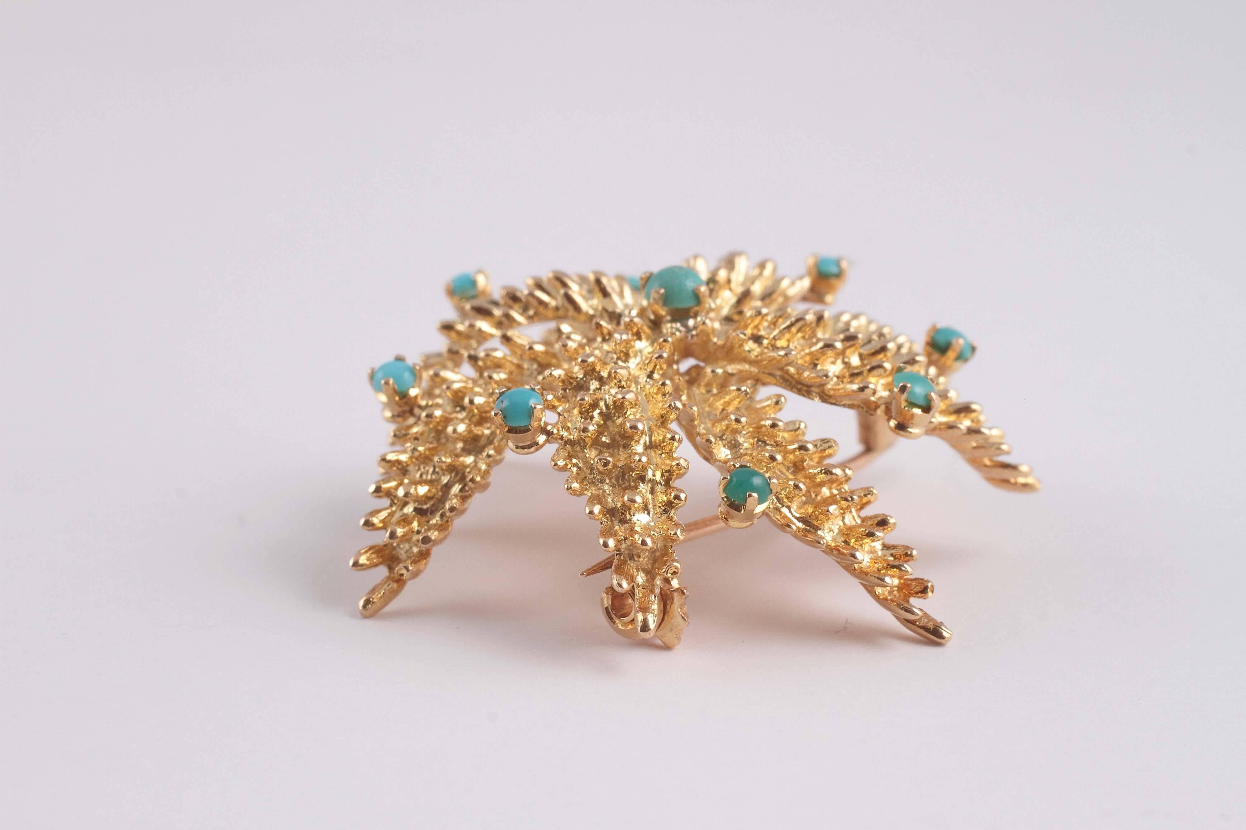 Women's 1960s Turquoise Gold Spiral Star Shape Brooch