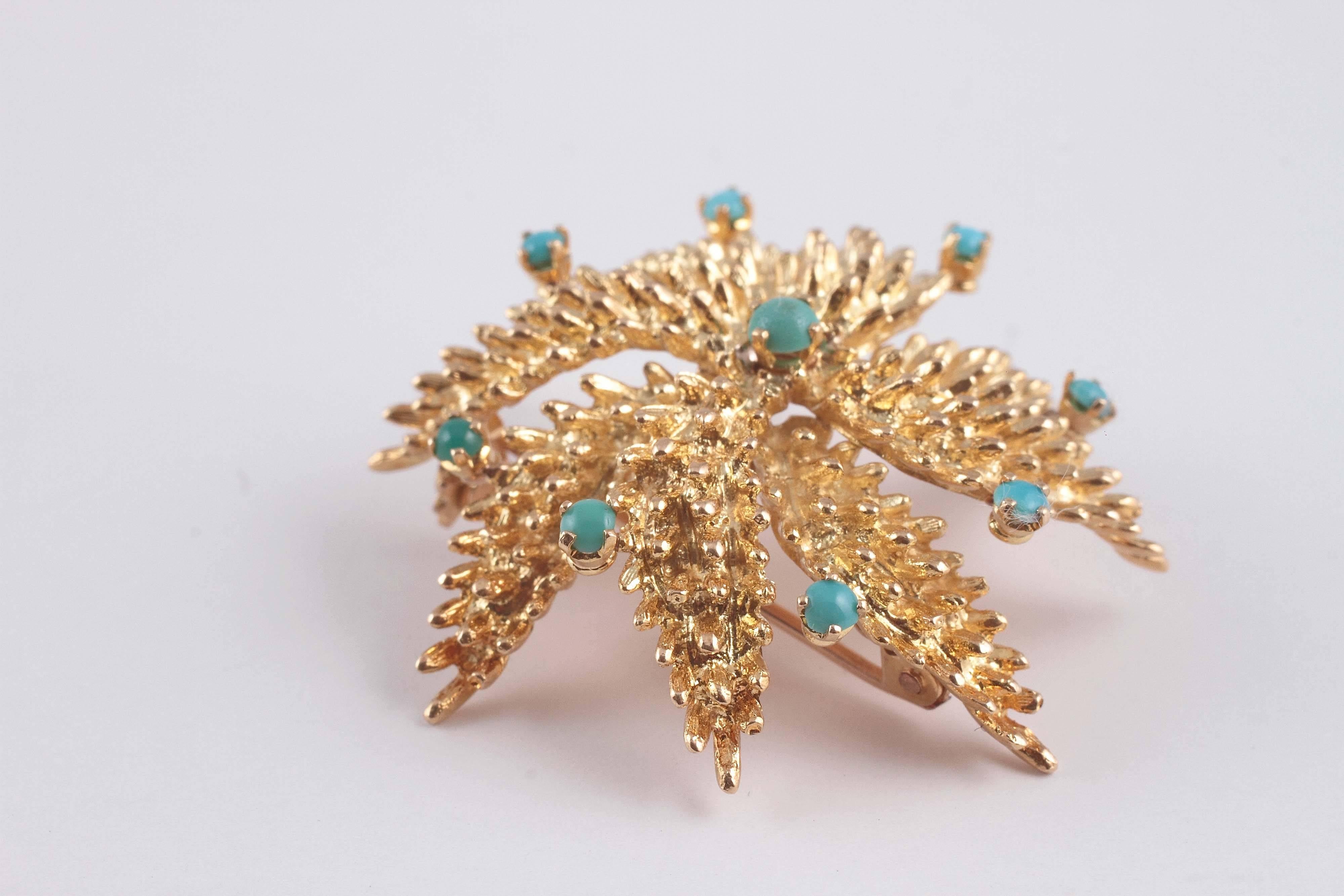 1960s Turquoise Gold Spiral Star Shape Brooch 1