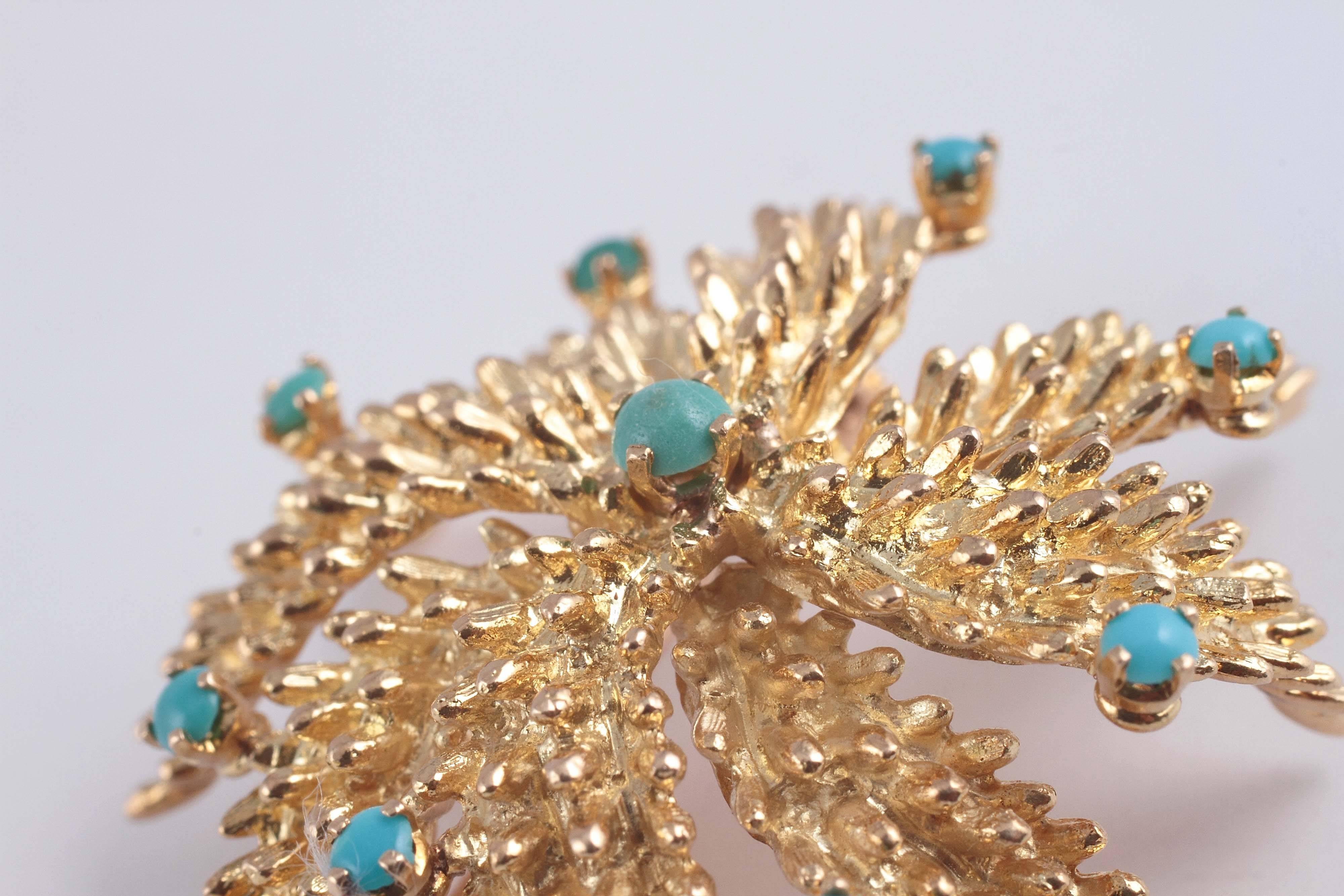 1960s Turquoise Gold Spiral Star Shape Brooch 3