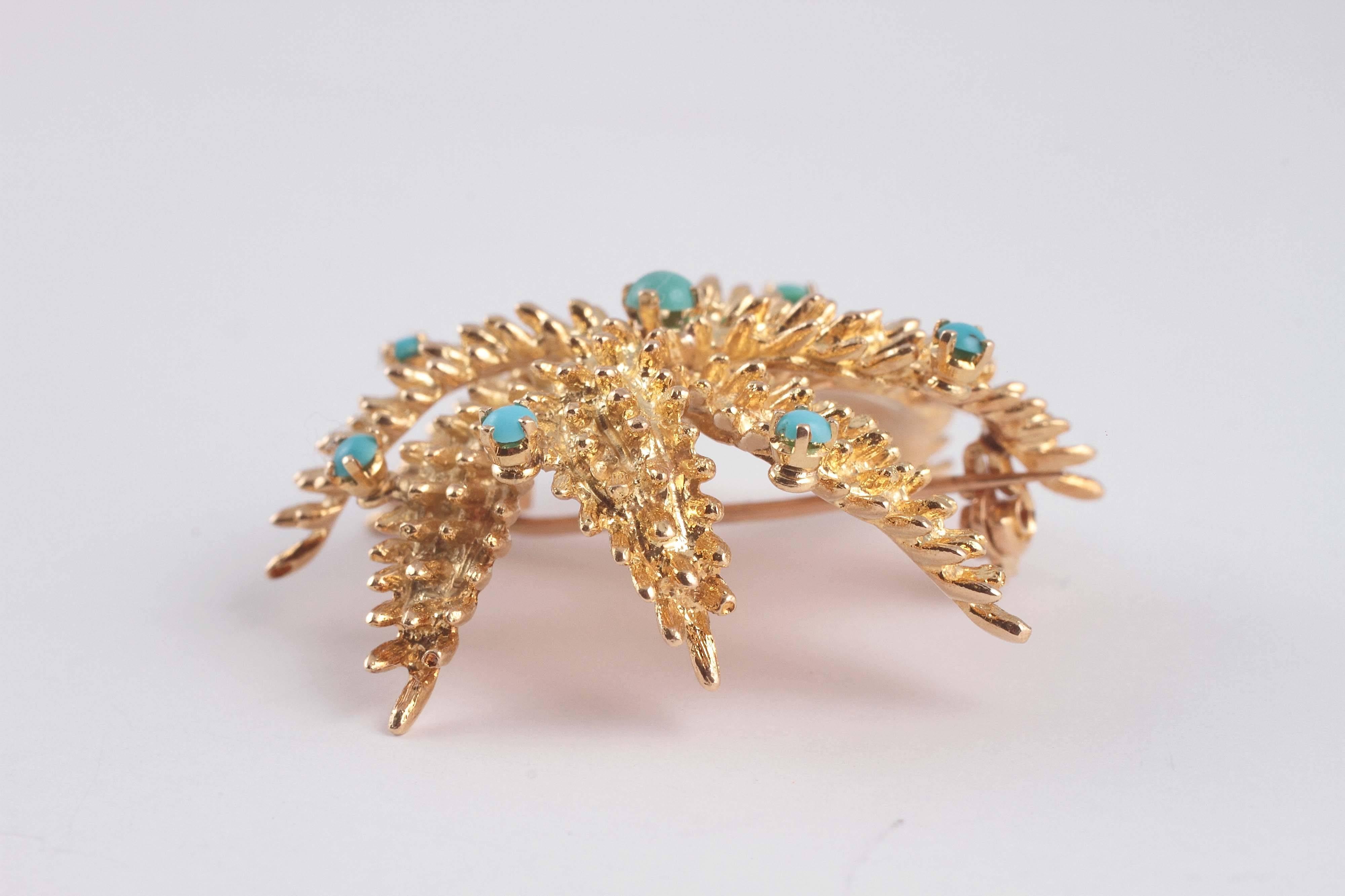 1960s Turquoise Gold Spiral Star Shape Brooch 4