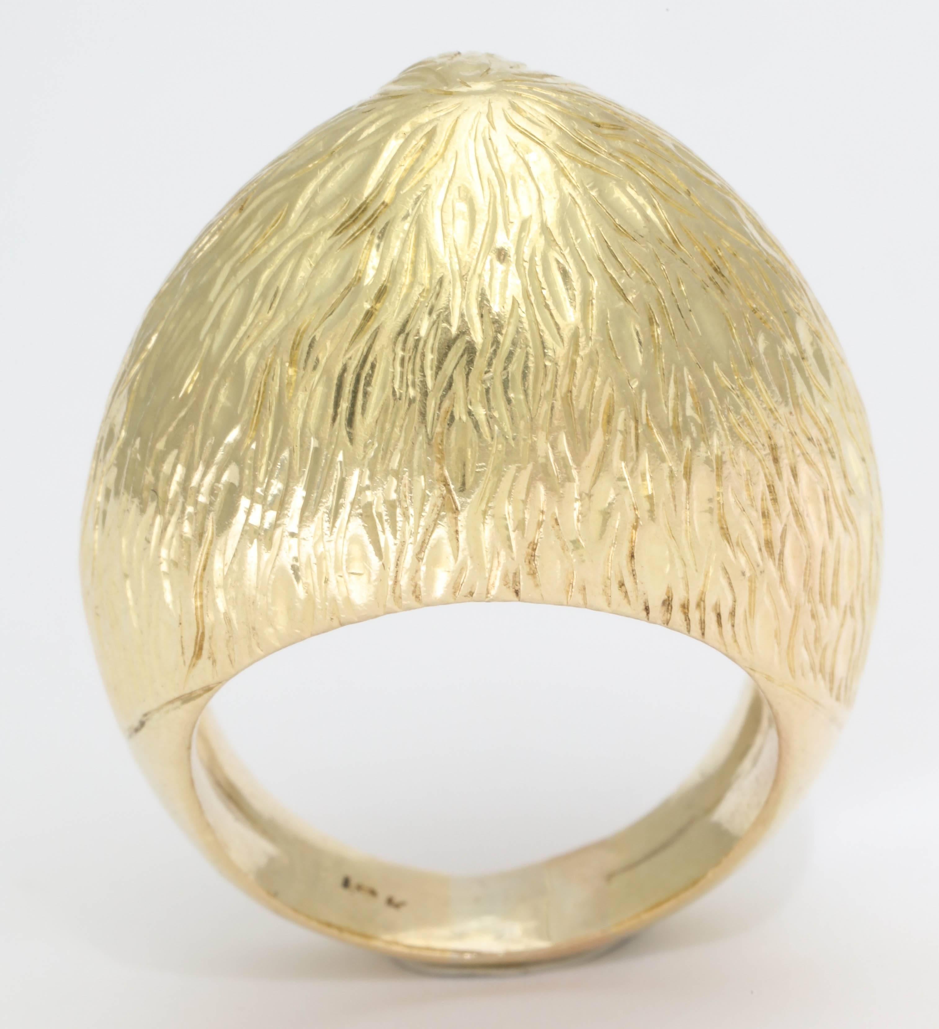 18kt yellow gold Bold textured design Large Cocktail Ring Consisting Of Numerous Engraved Assymetrical Wavy Lines Engraved in the design of the ring. Designed in America in The 1970's. NOTE: Ring Currently A size 7 and may easily be Resized to any