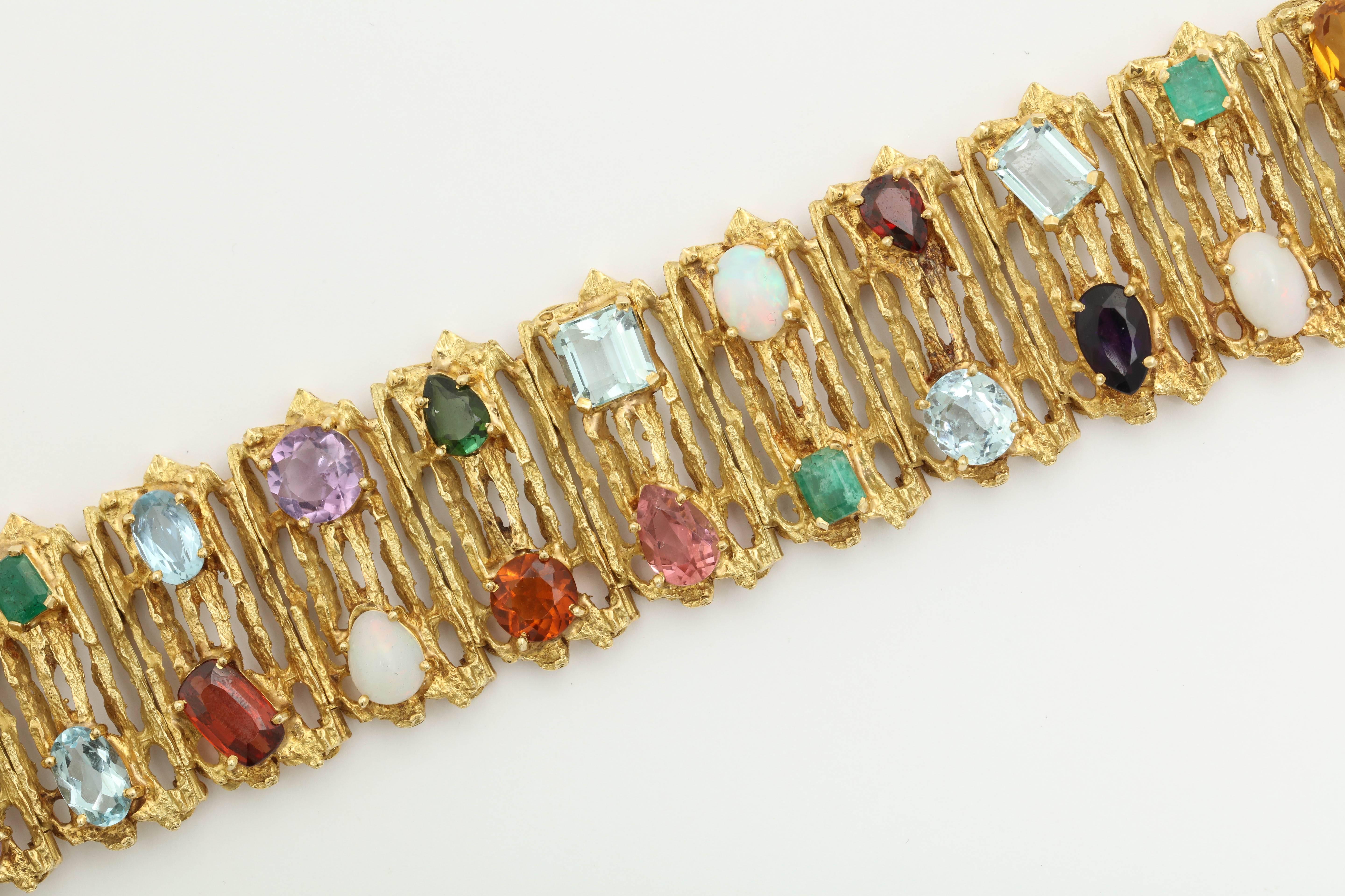 1960s H.Stern Multi-Colored Gemstone Gold Flexible Textured Bracelet In Excellent Condition In New York, NY
