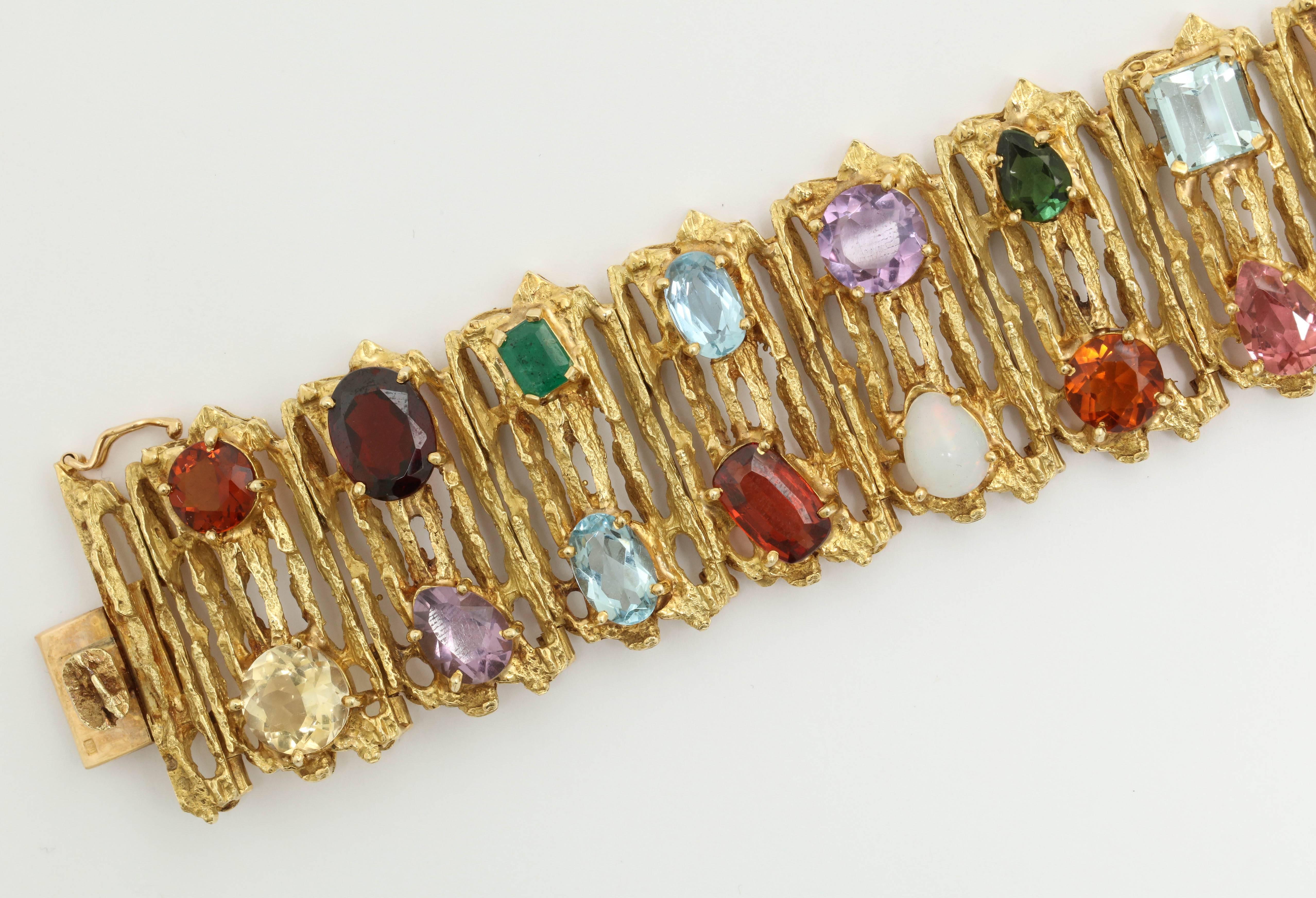 Women's 1960s H.Stern Multi-Colored Gemstone Gold Flexible Textured Bracelet