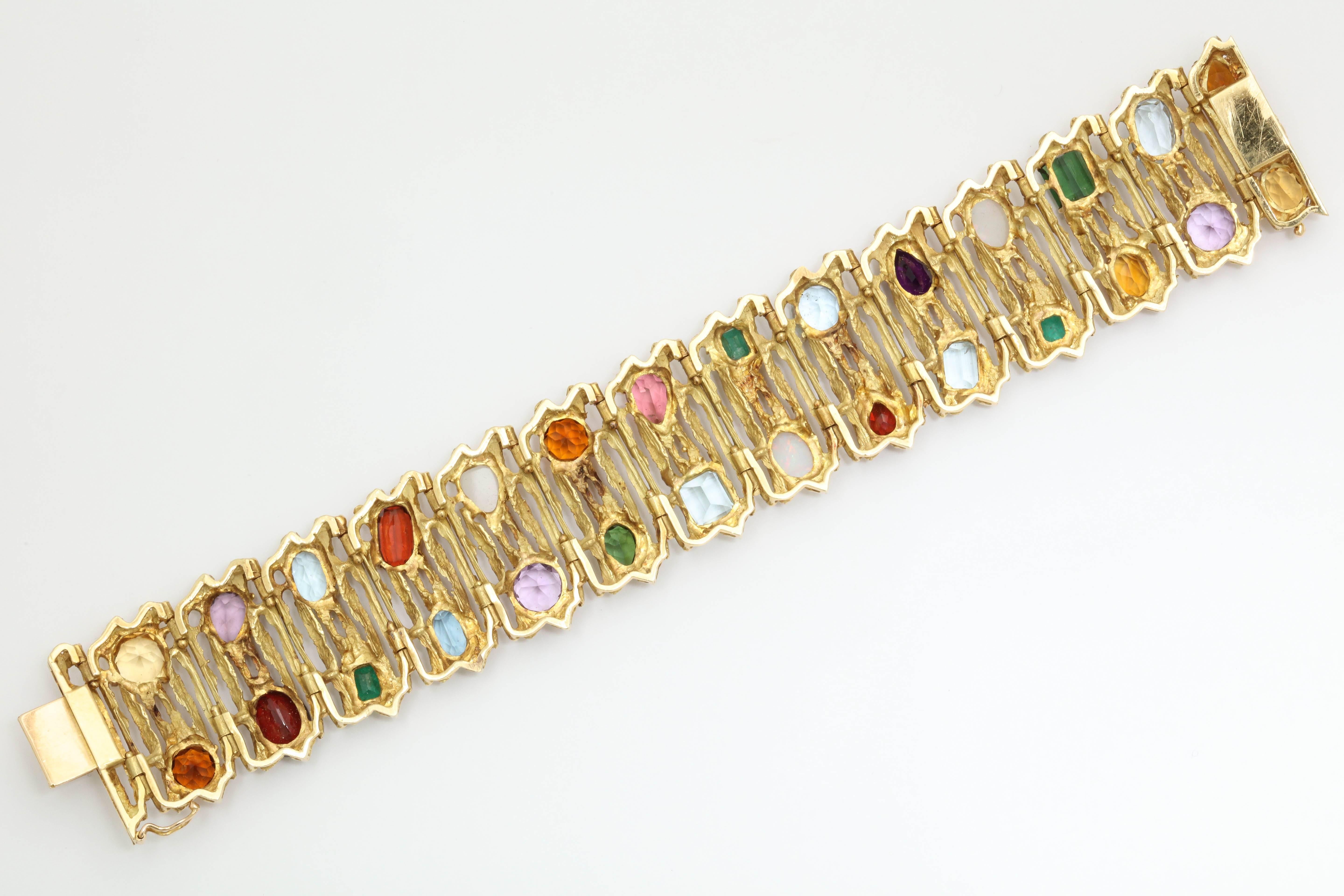 1960s H.Stern Multi-Colored Gemstone Gold Flexible Textured Bracelet 1