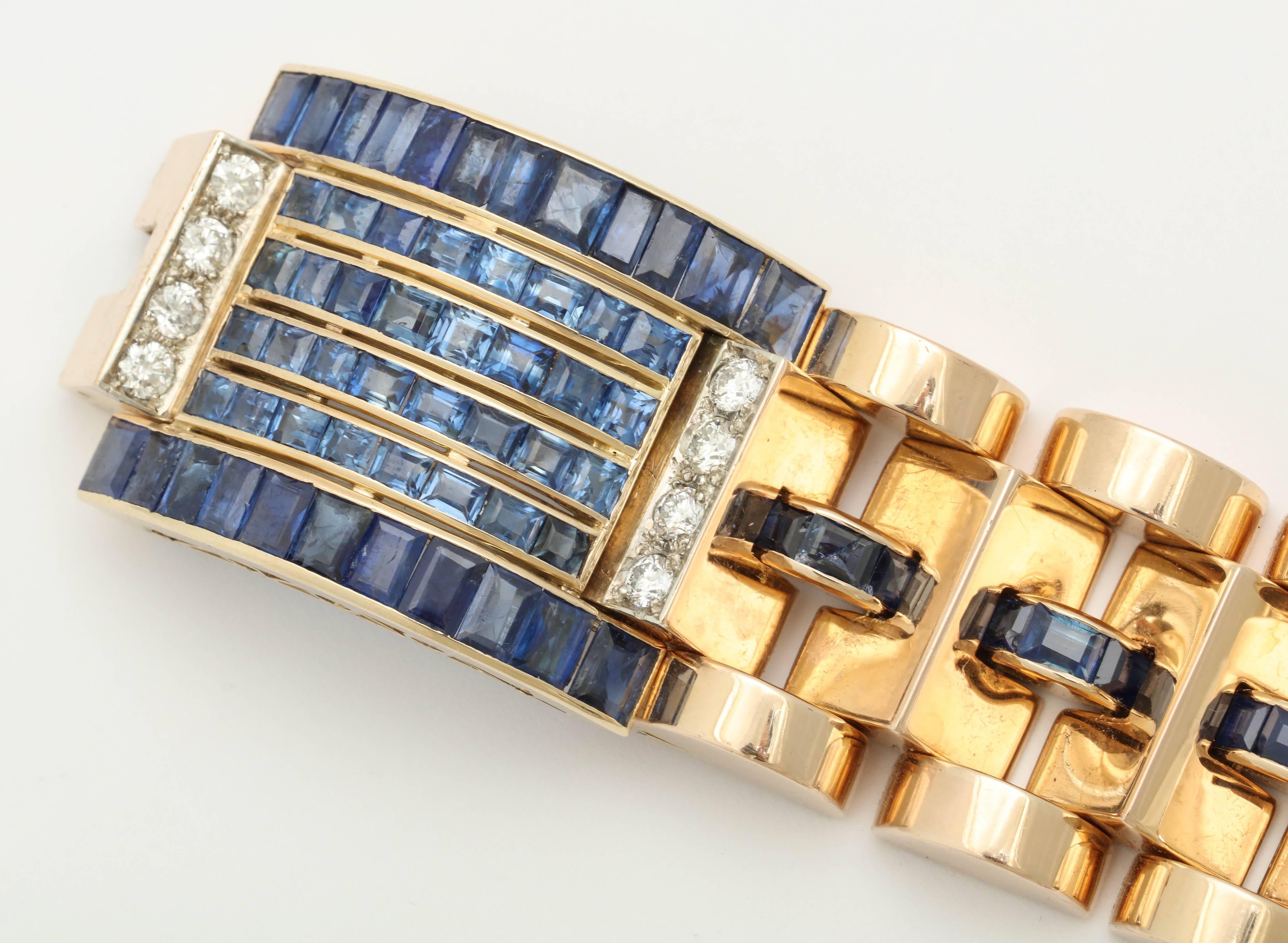 1940s Calibre Cut Sapphire Diamond Gold Flexible Link Bracelet In Excellent Condition In New York, NY