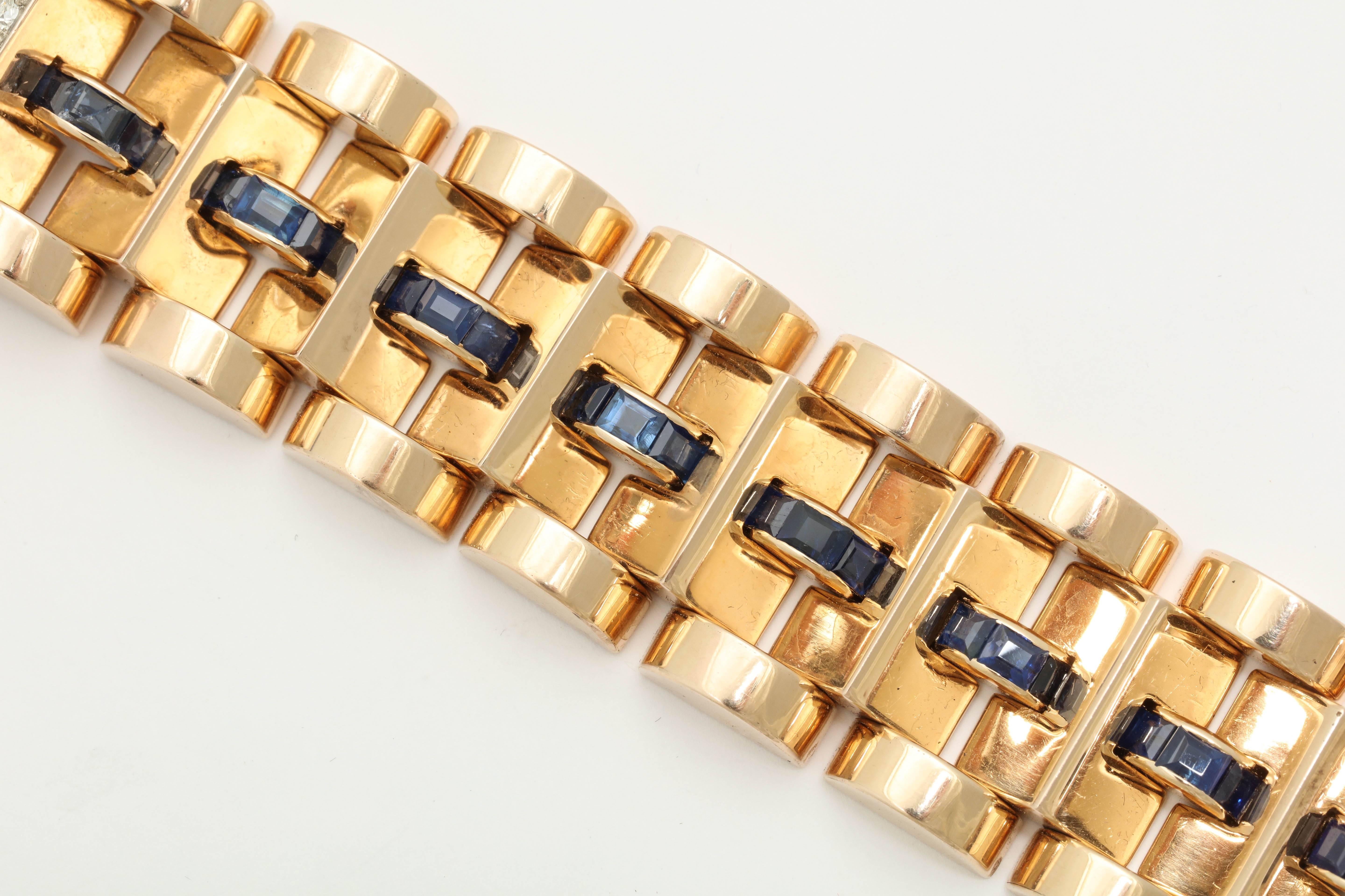 Women's 1940s Calibre Cut Sapphire Diamond Gold Flexible Link Bracelet