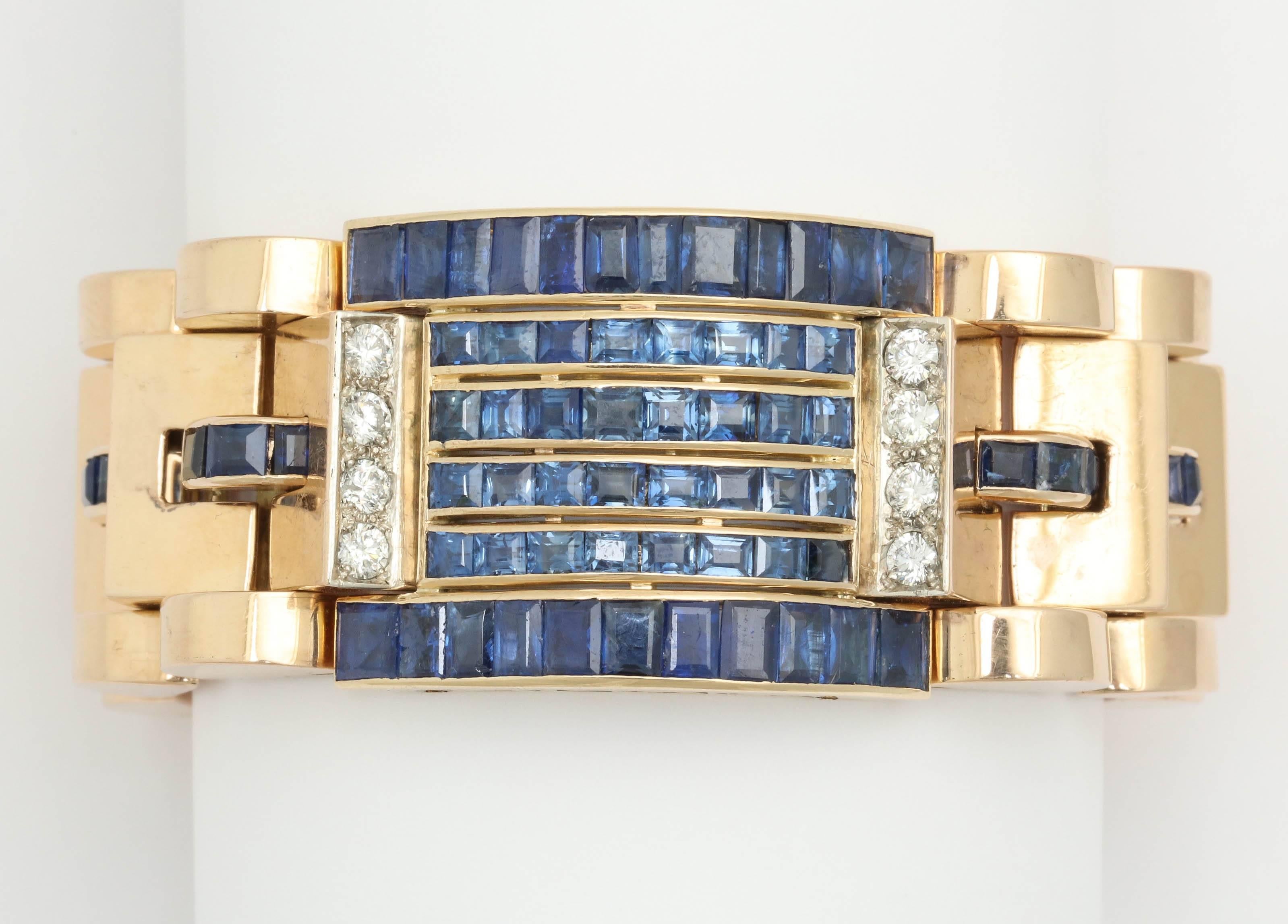 1940s Calibre Cut Sapphire Diamond Gold Flexible Link Bracelet 2