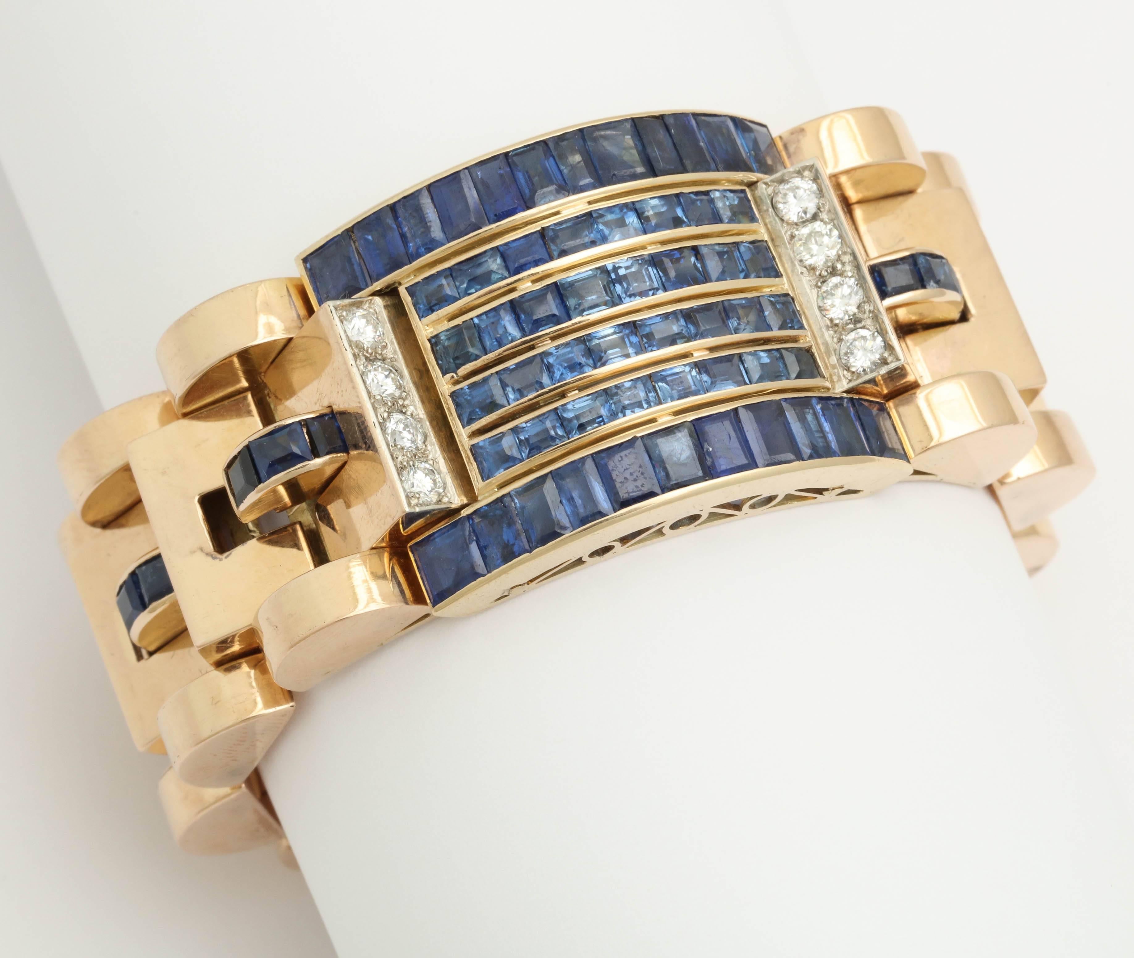 1940s Calibre Cut Sapphire Diamond Gold Flexible Link Bracelet 3