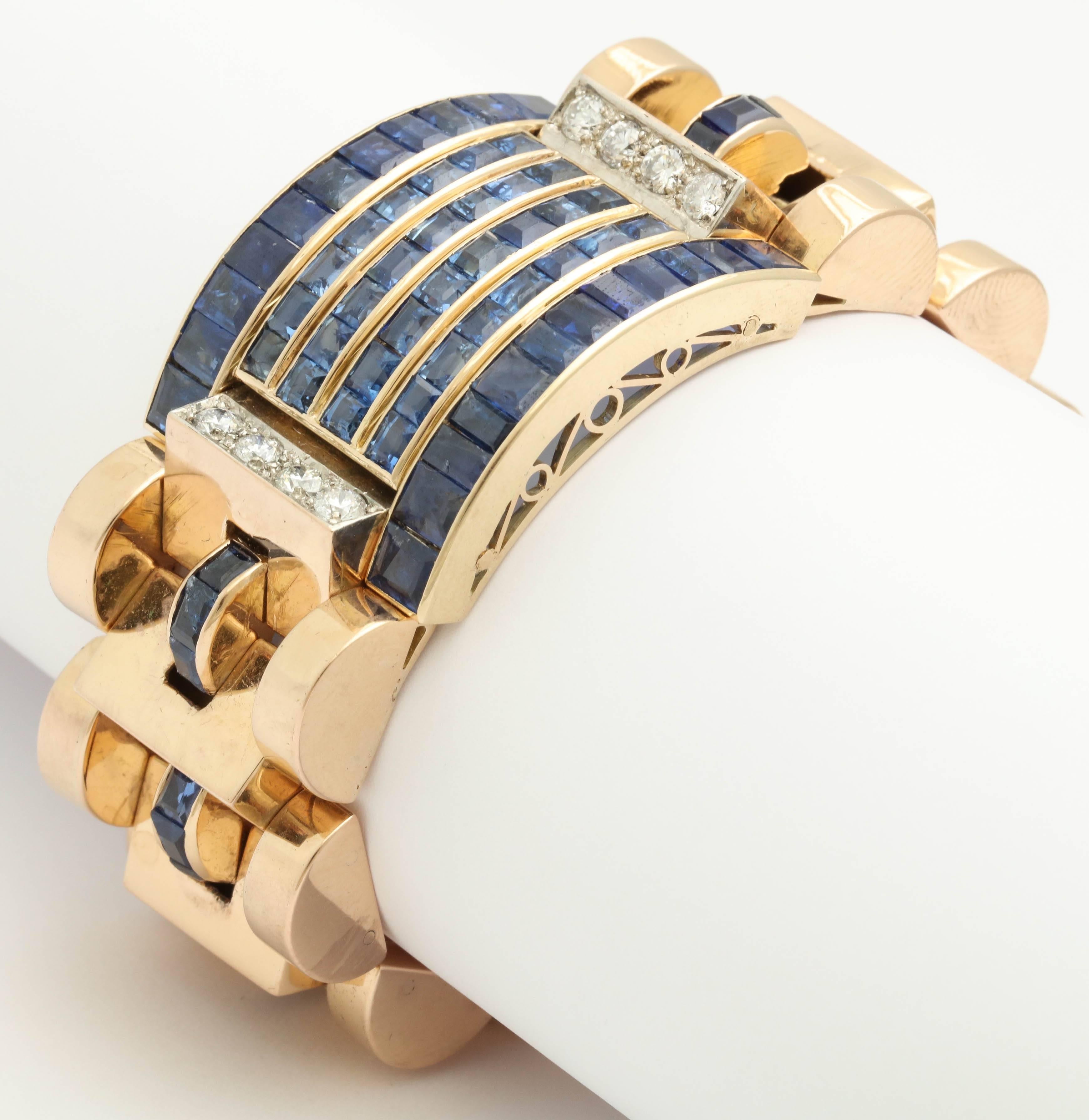 1940s Calibre Cut Sapphire Diamond Gold Flexible Link Bracelet 5