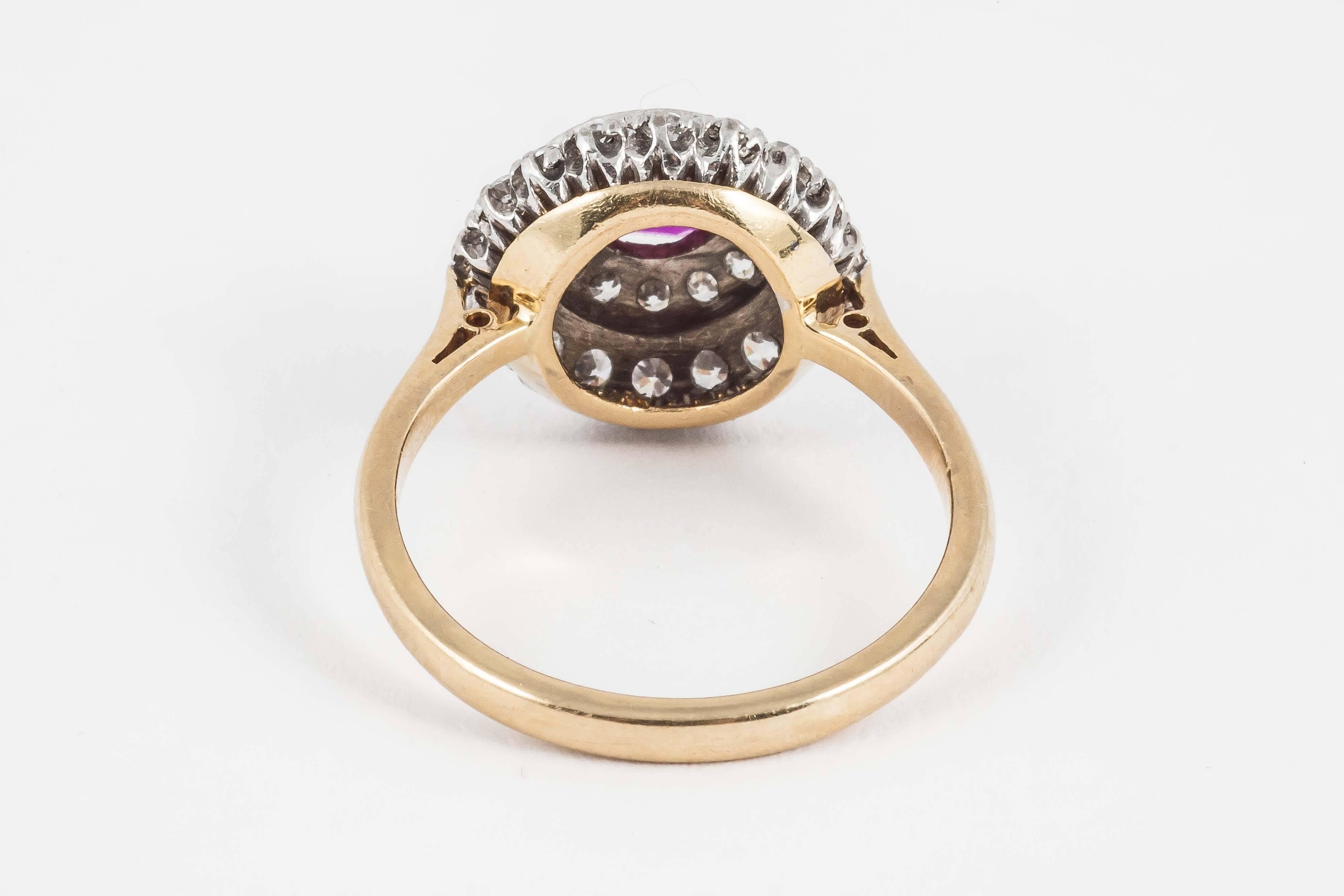 Round Cut  Burma Ruby & 2 Row Diamond Cluster Ring in 18 Carat Gold, English circa 1950 For Sale