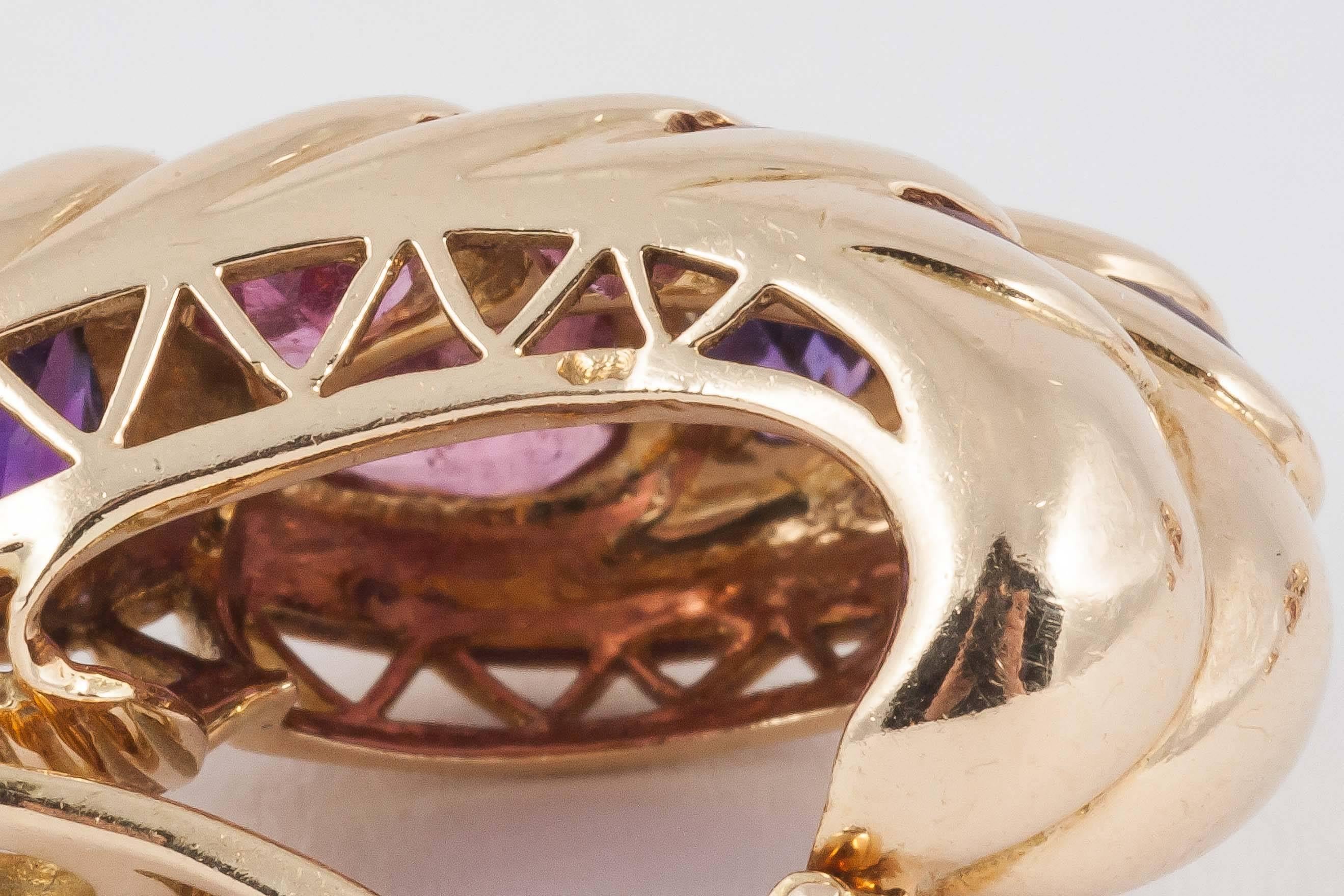 Art Nouveau 1970s French Pink Tourmaline Amethyst Gold Ring and Earrings