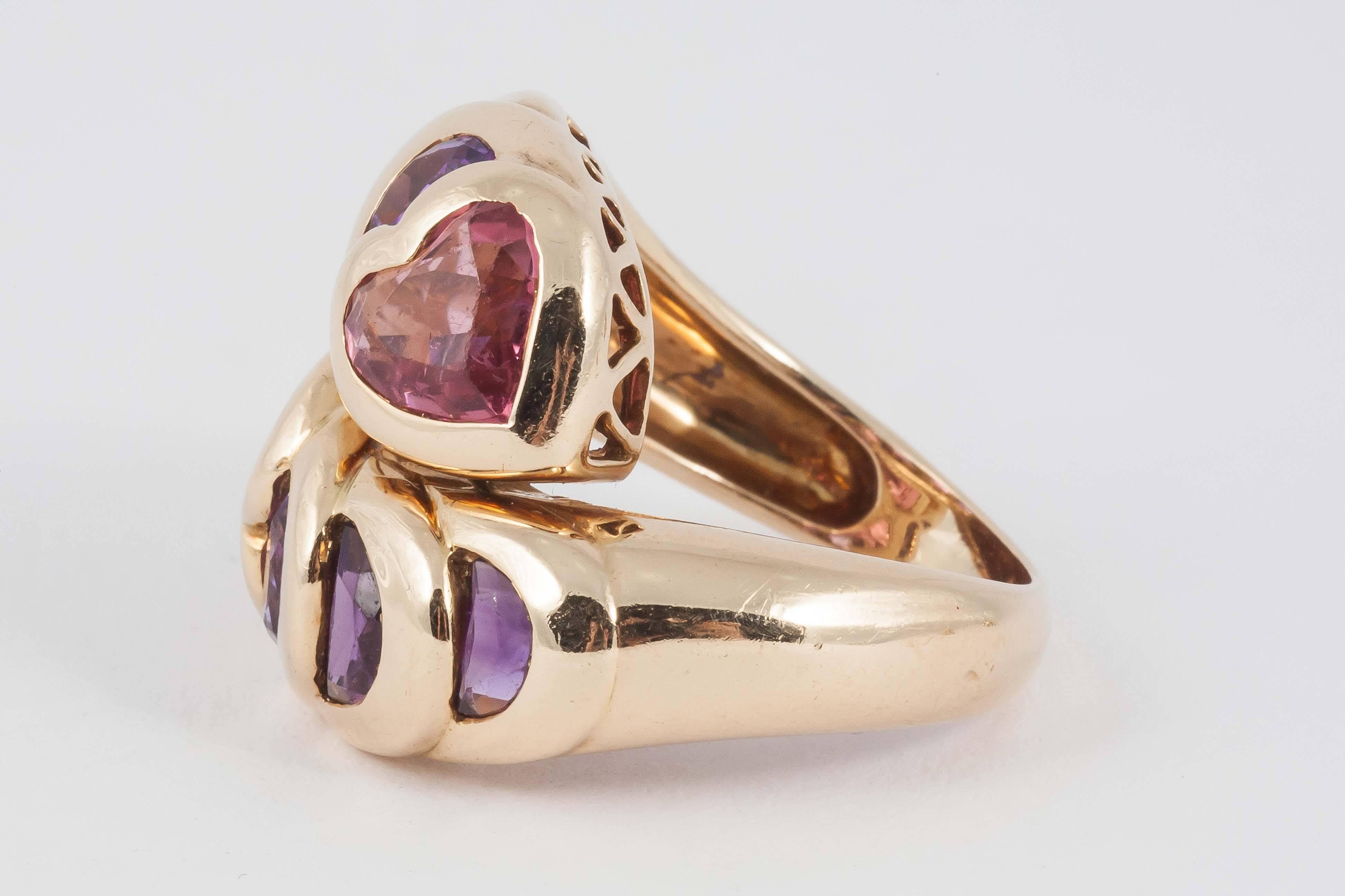 1970s French Pink Tourmaline Amethyst Gold Ring and Earrings 1