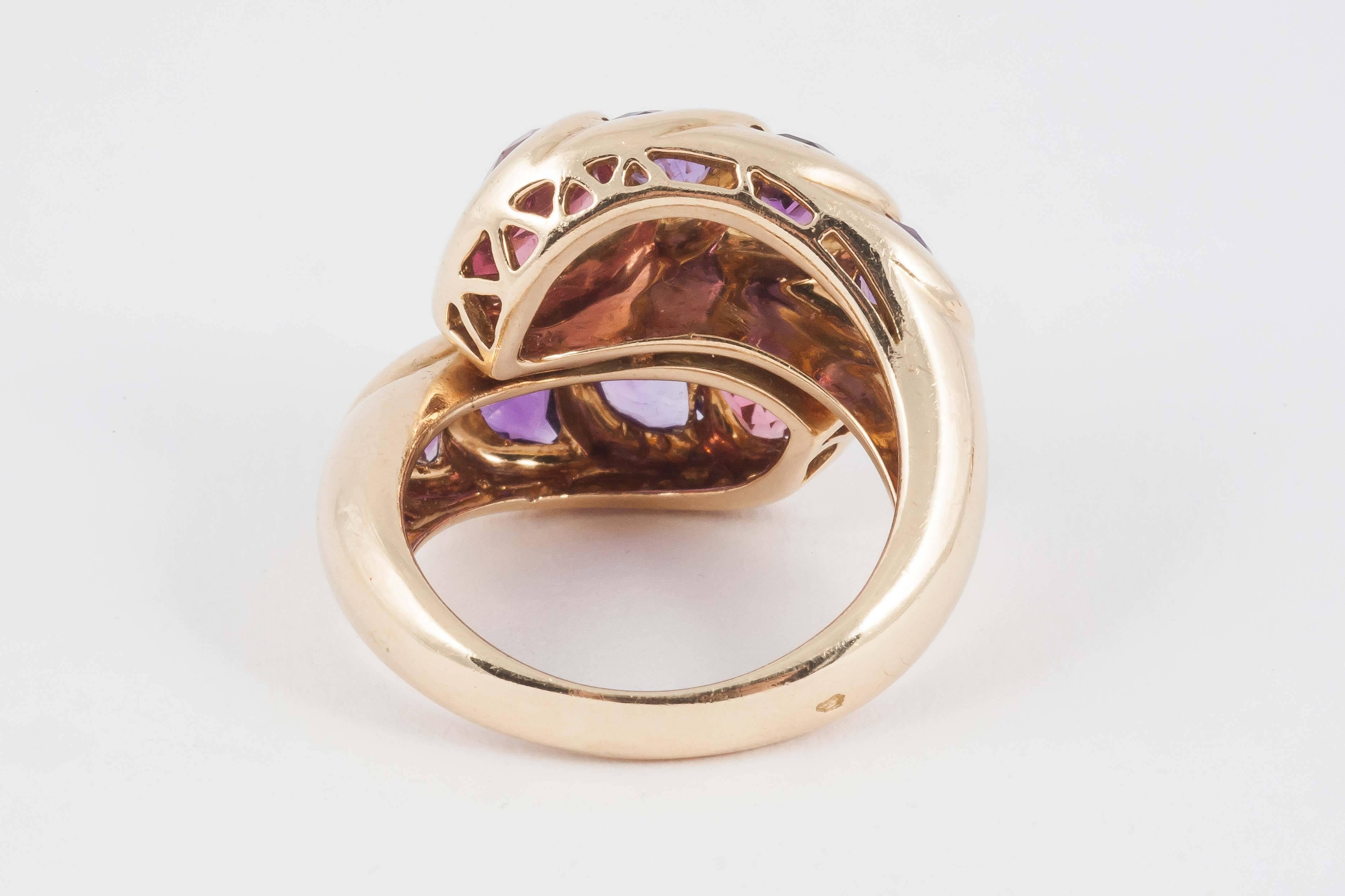 1970s French Pink Tourmaline Amethyst Gold Ring and Earrings 2