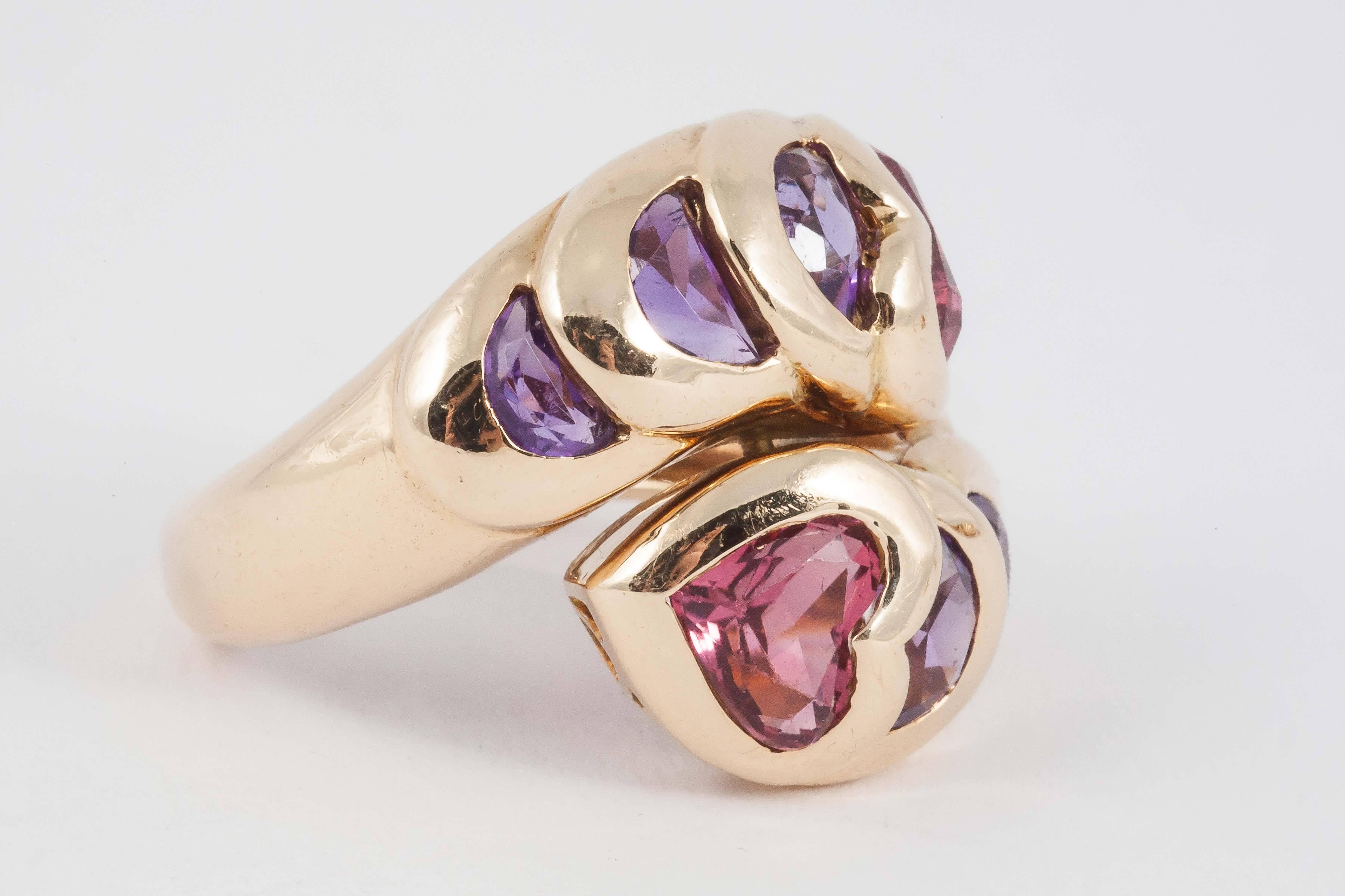 1970s French Pink Tourmaline Amethyst Gold Ring and Earrings 3