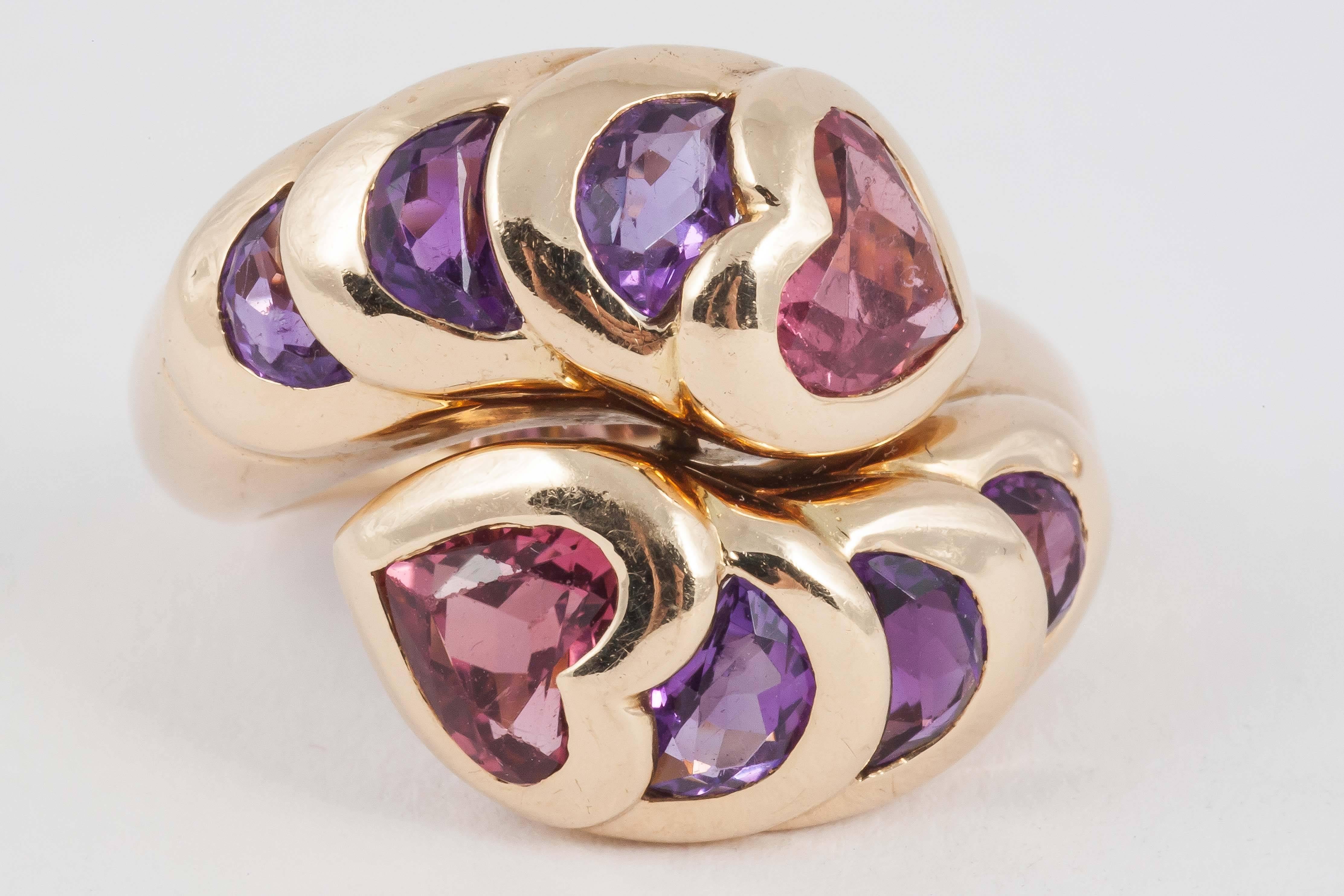 1970s French Pink Tourmaline Amethyst Gold Ring and Earrings 4