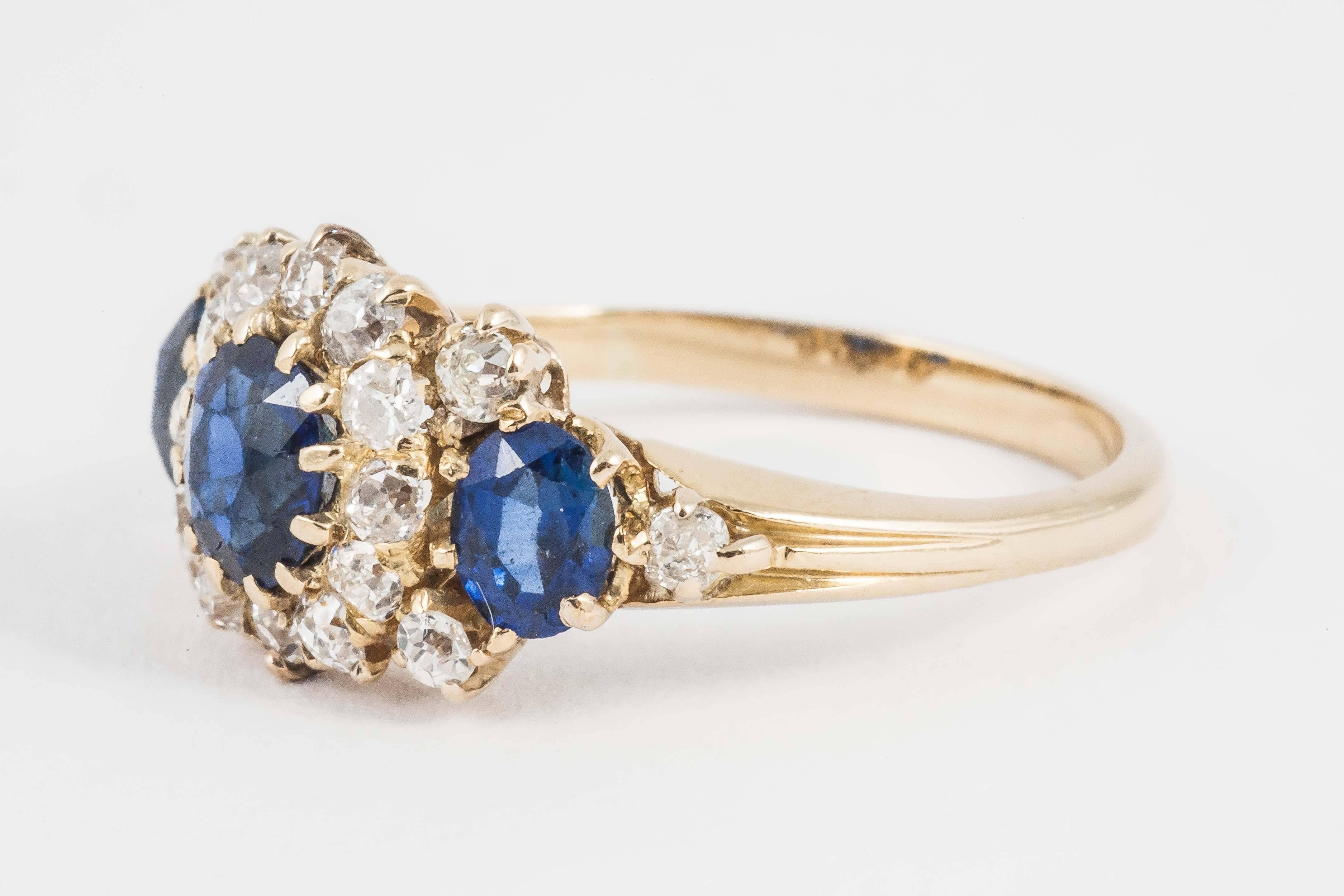 High Victorian Ring , 19th Century Sapphire and Diamond  and Gold 3 Stone Cluster 