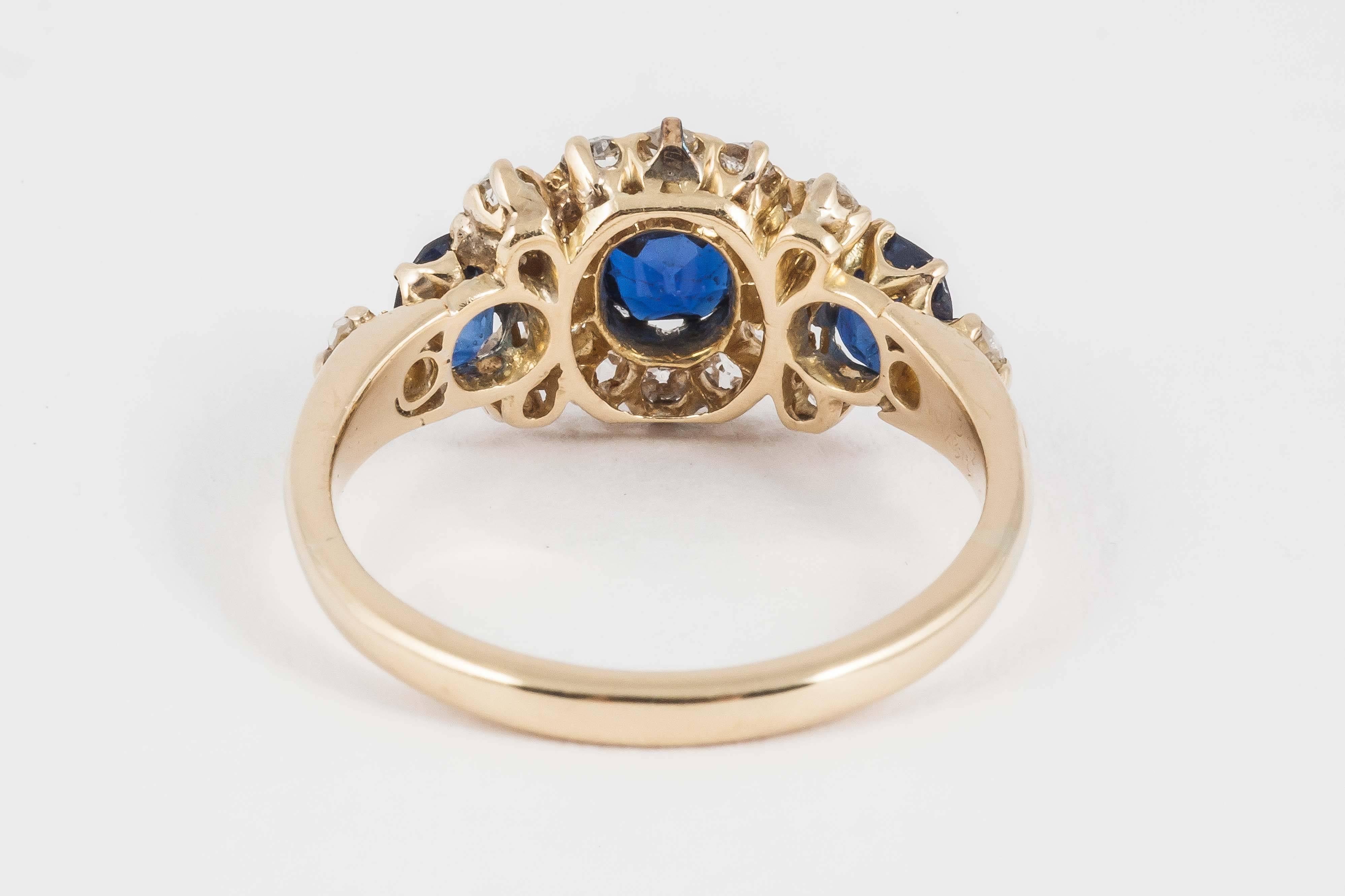 Women's Ring , 19th Century Sapphire and Diamond  and Gold 3 Stone Cluster 