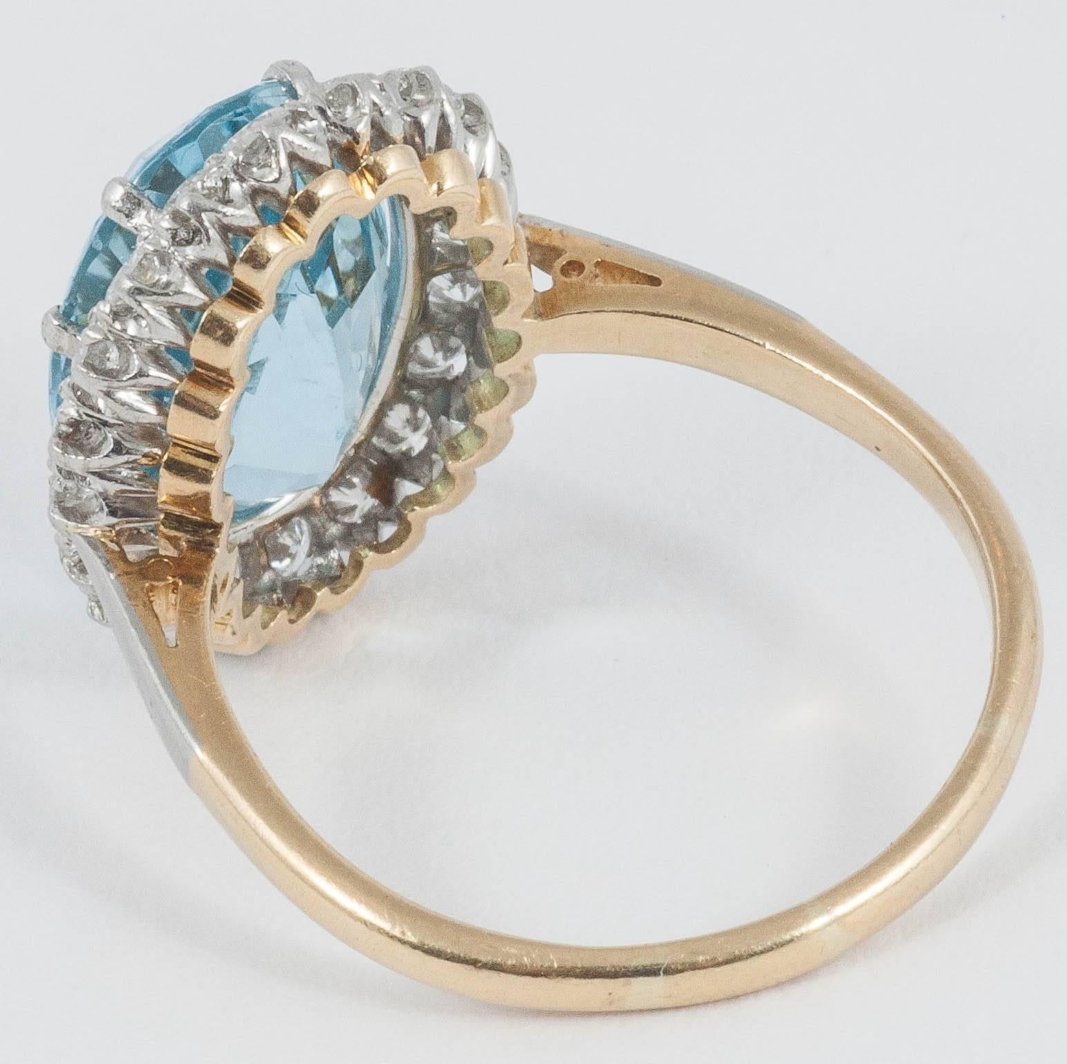 Aquamarine Diamond Gold Platinum Cluster Ring In Excellent Condition For Sale In London, GB