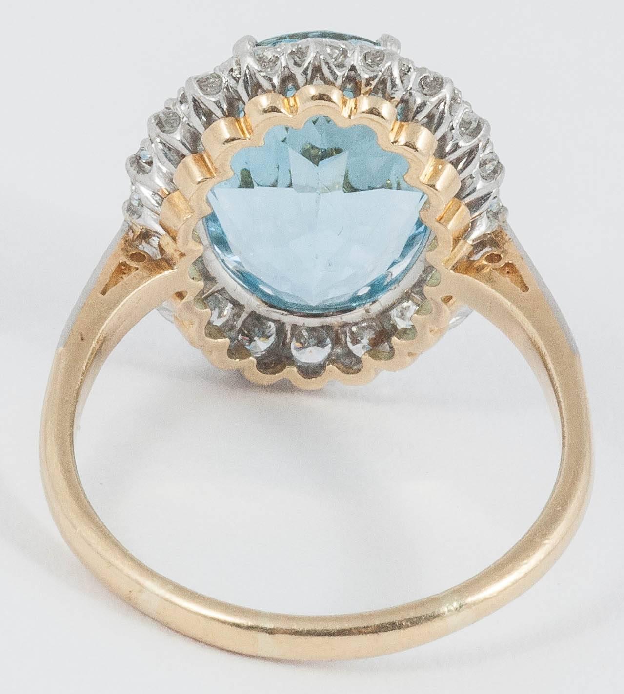 Women's Aquamarine Diamond Gold Platinum Cluster Ring For Sale
