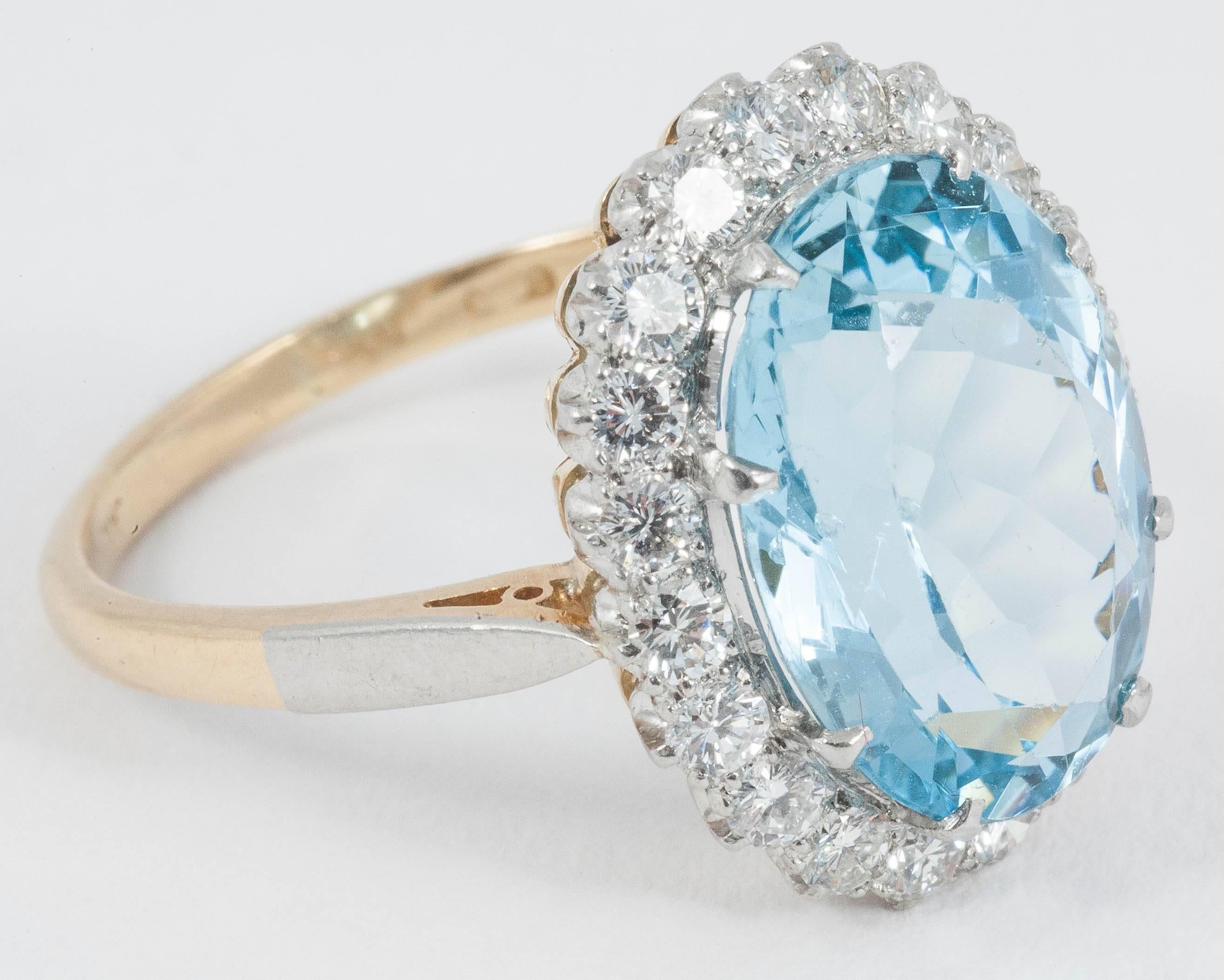 Aquamarine Diamond Gold Platinum Cluster Ring For Sale 1