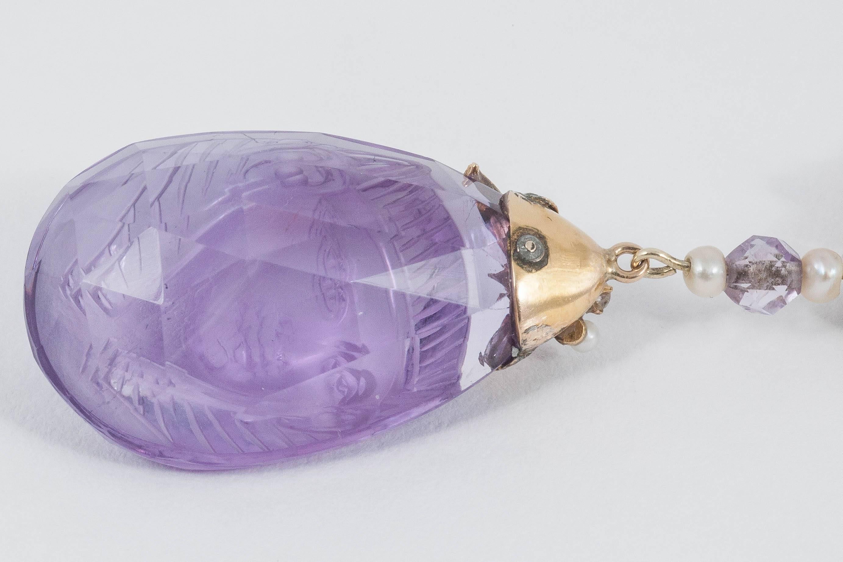 Carved Amethyst Pearl Gold Egyptian Revival Drop Necklace For Sale 2