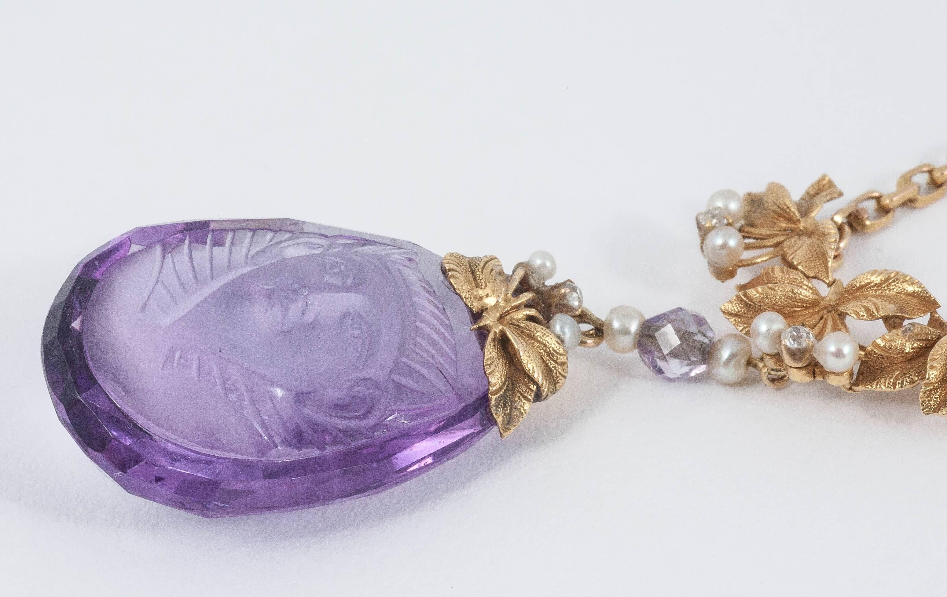 Carved Amethyst Pearl Gold Egyptian Revival Drop Necklace For Sale 3