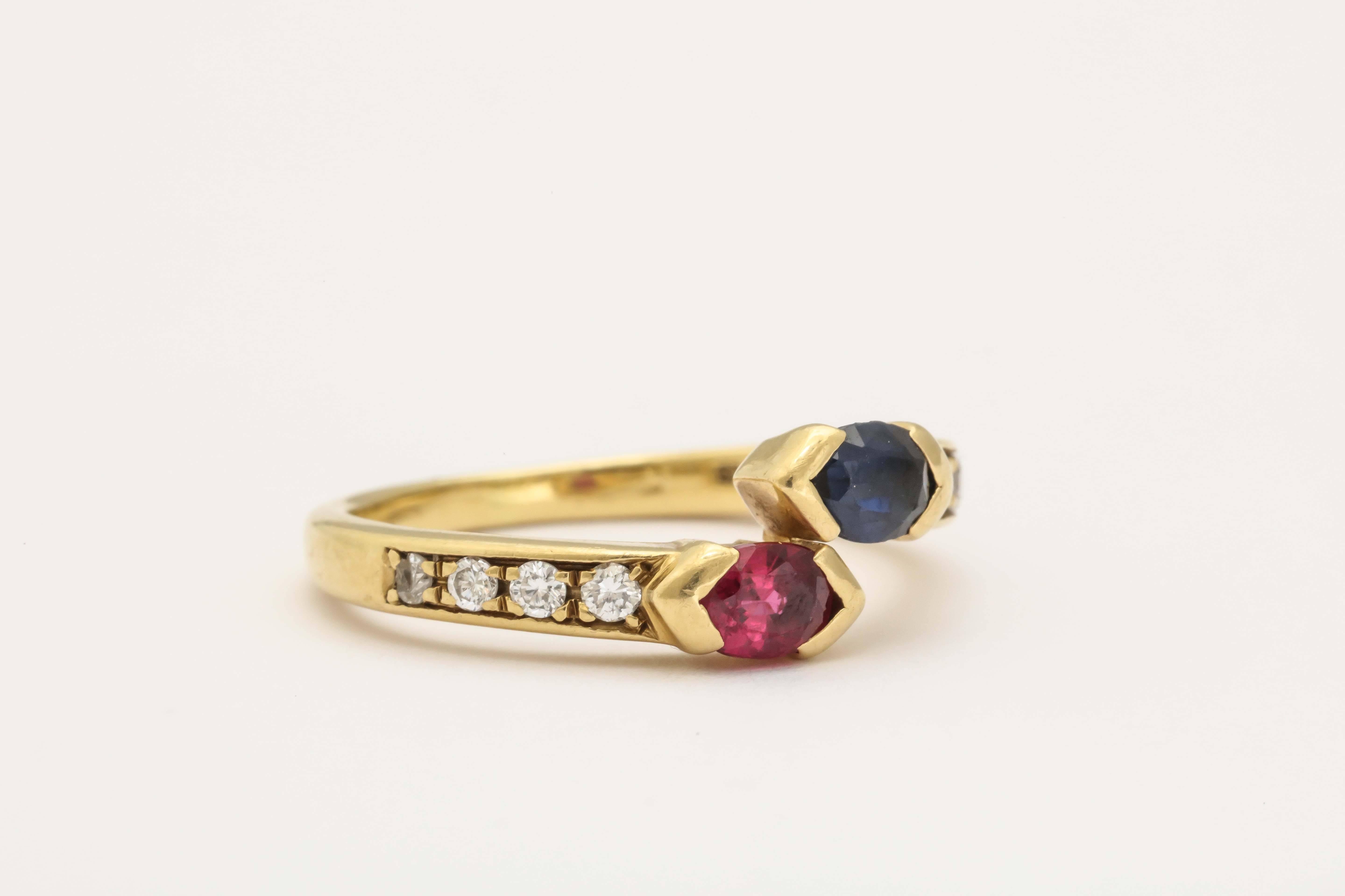 Women's 1980s Fred Paris Cross Over Sapphire Ruby Diamond Gold Ring