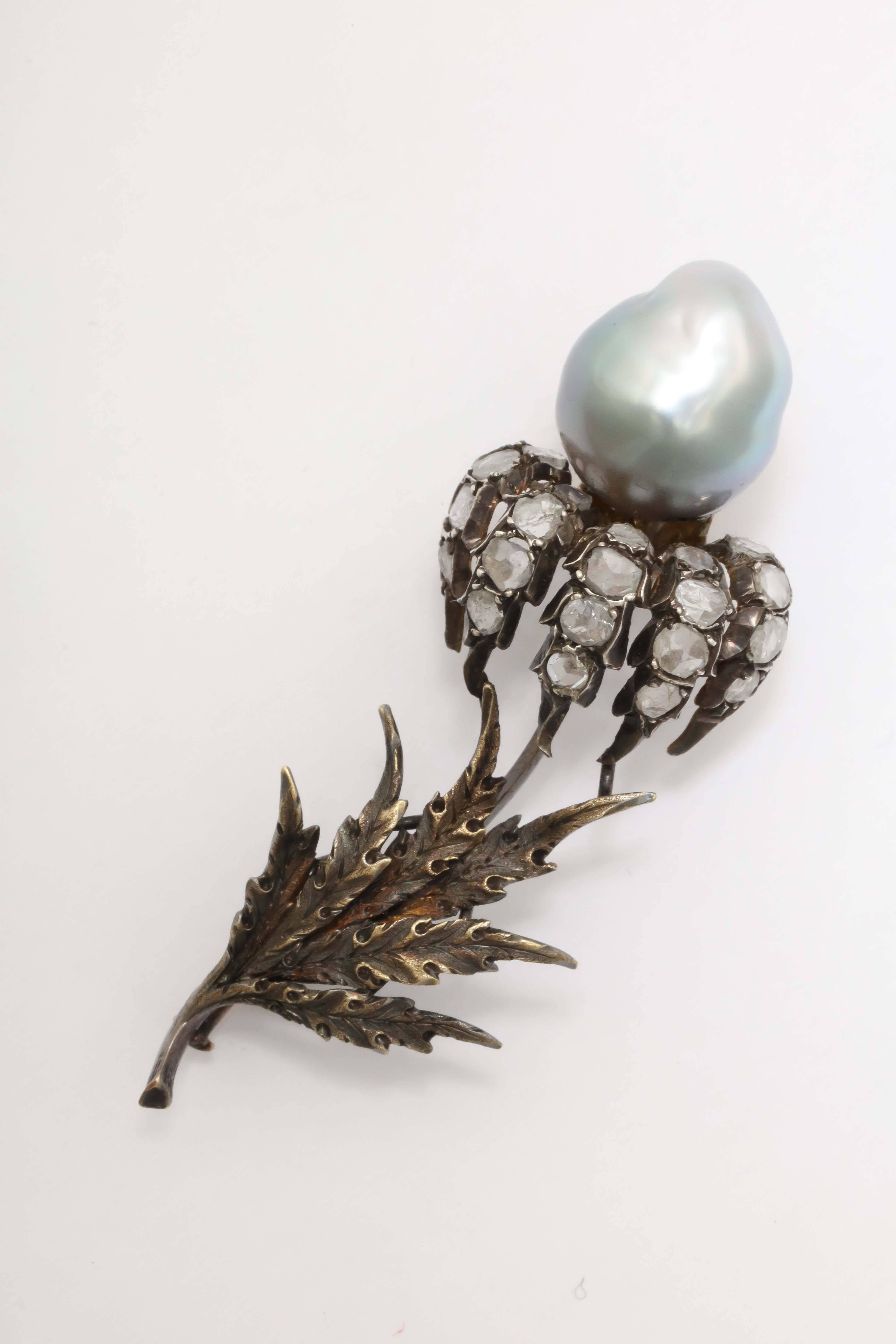 Magnificent Buccellati 18t patinated Yellow Gold & Silver Brooch with a Large Pearl with Rose Diamond Petals.  JUST VERY SUMPTUOUS.  Ca. 1940-50.-m and oh so elegant.  Signed Buccelati on pin safety. 