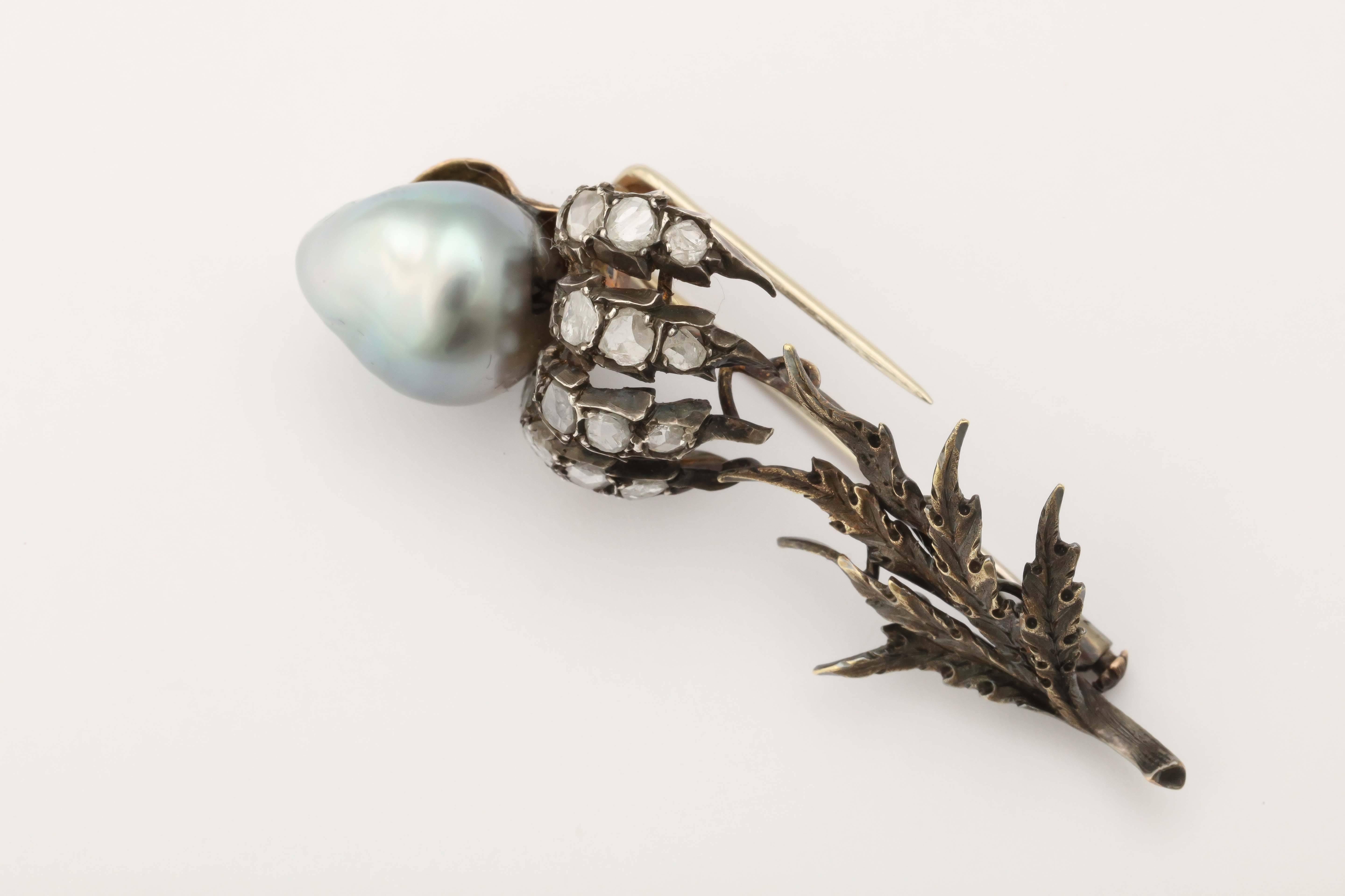 Buccellati Pearl Diamond Silver Gold Brooch In Excellent Condition For Sale In New York, NY