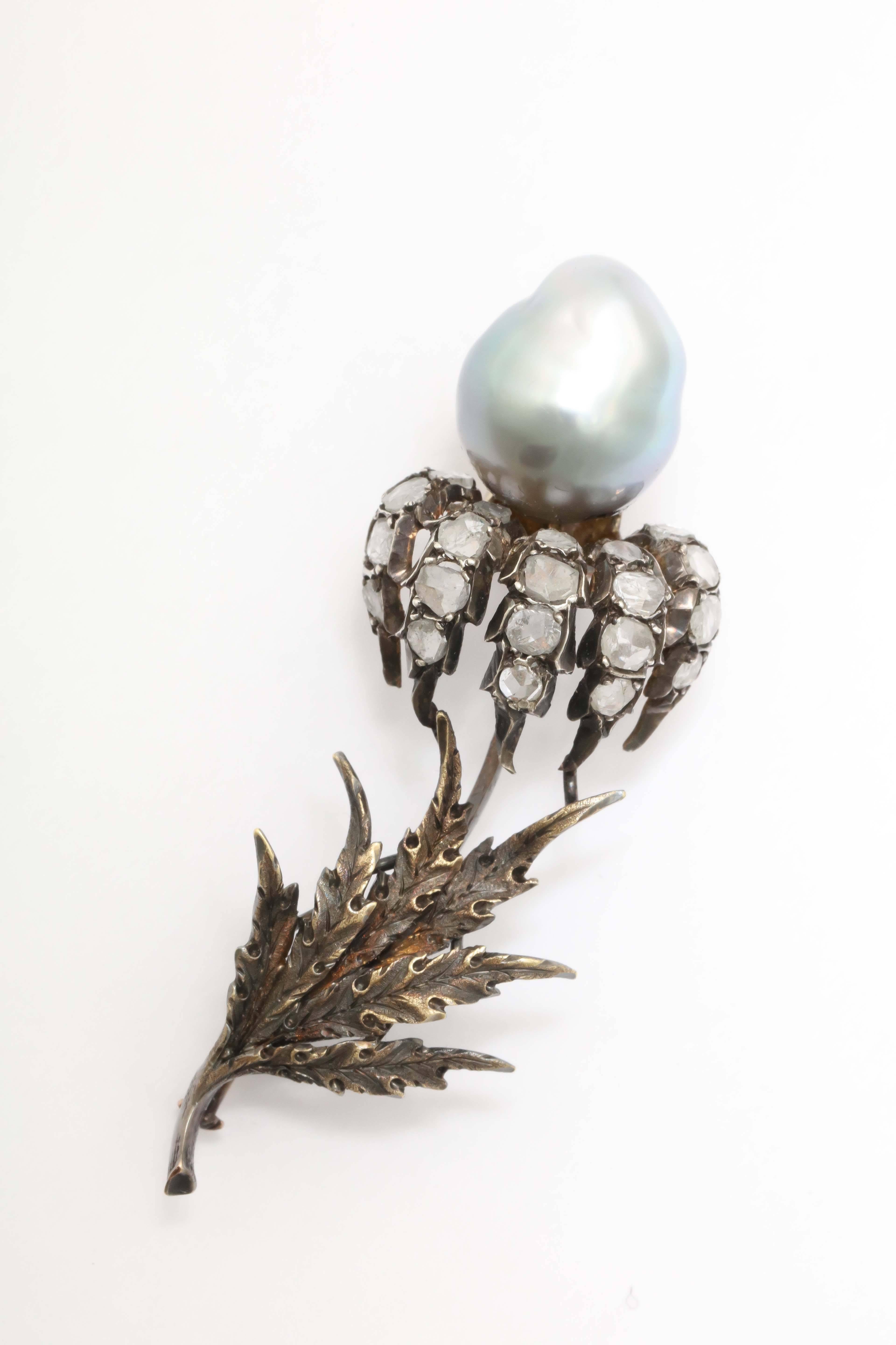 Women's Buccellati Pearl Diamond Silver Gold Brooch For Sale