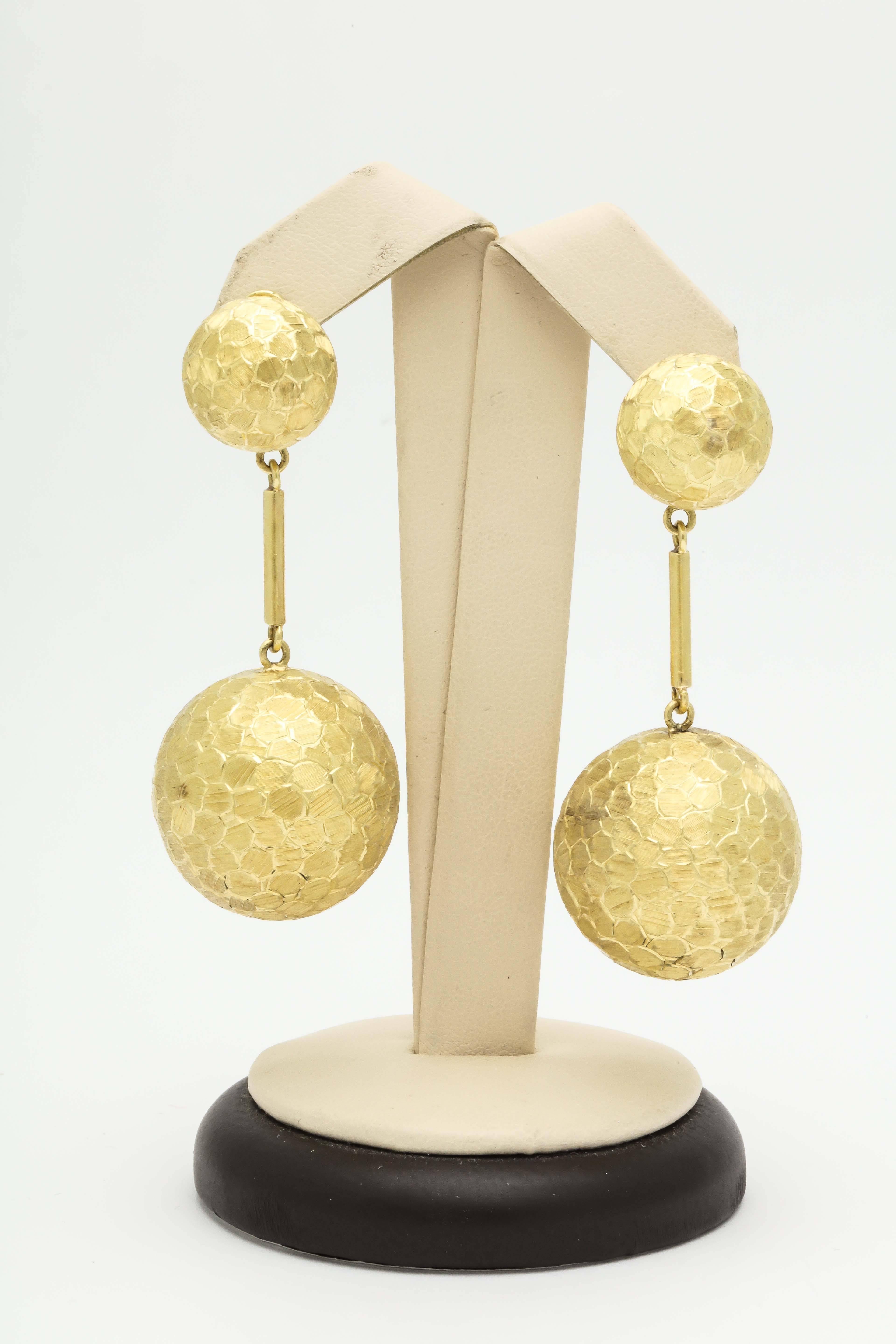 18kt textured Yellow Gold Sphere Ball Dangle Earrings With Posts. NOTE: Posts May Be Removed For Non-Pierced Ears. Very Unusual Hip & Cool Disco Ball Earrings For A very High Fashion Look And Effect. or A dramatic Look These Earrings Are A Must