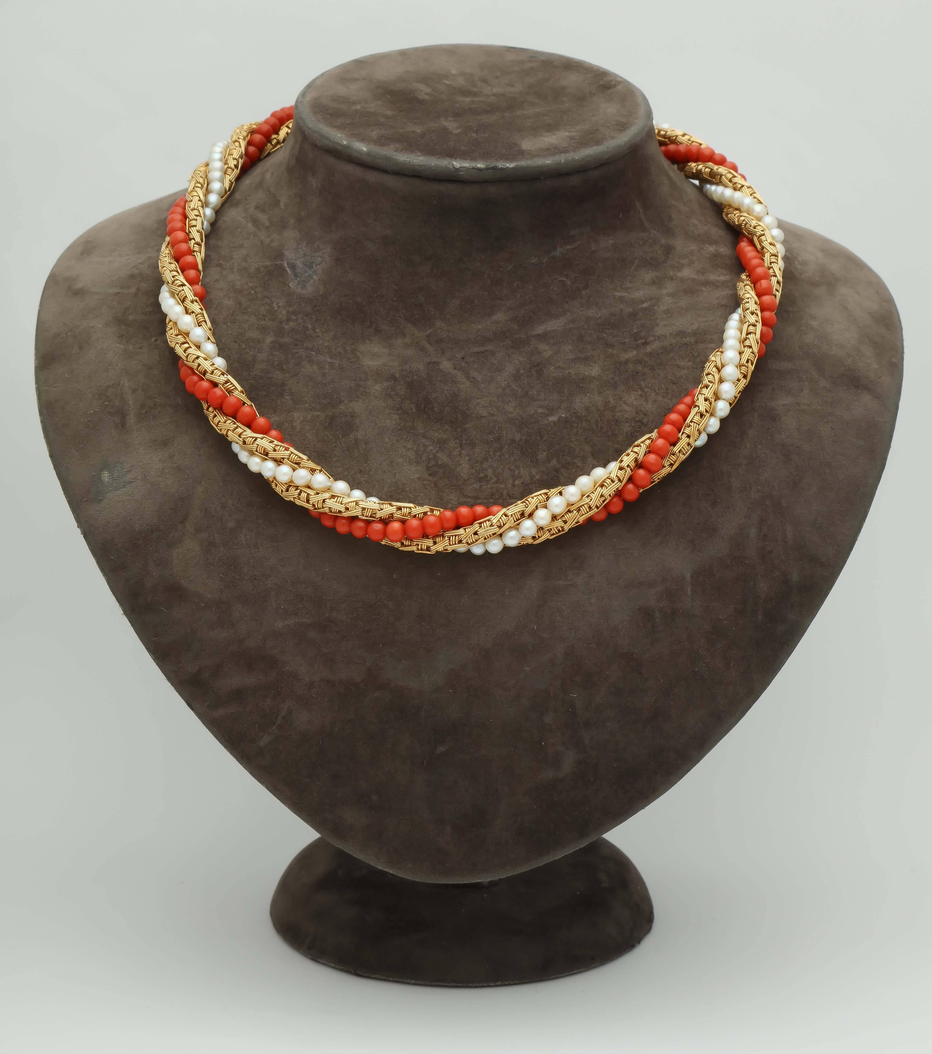 1960s Coral Pearl Gold Intertwined Twisted Chic Neckace 1