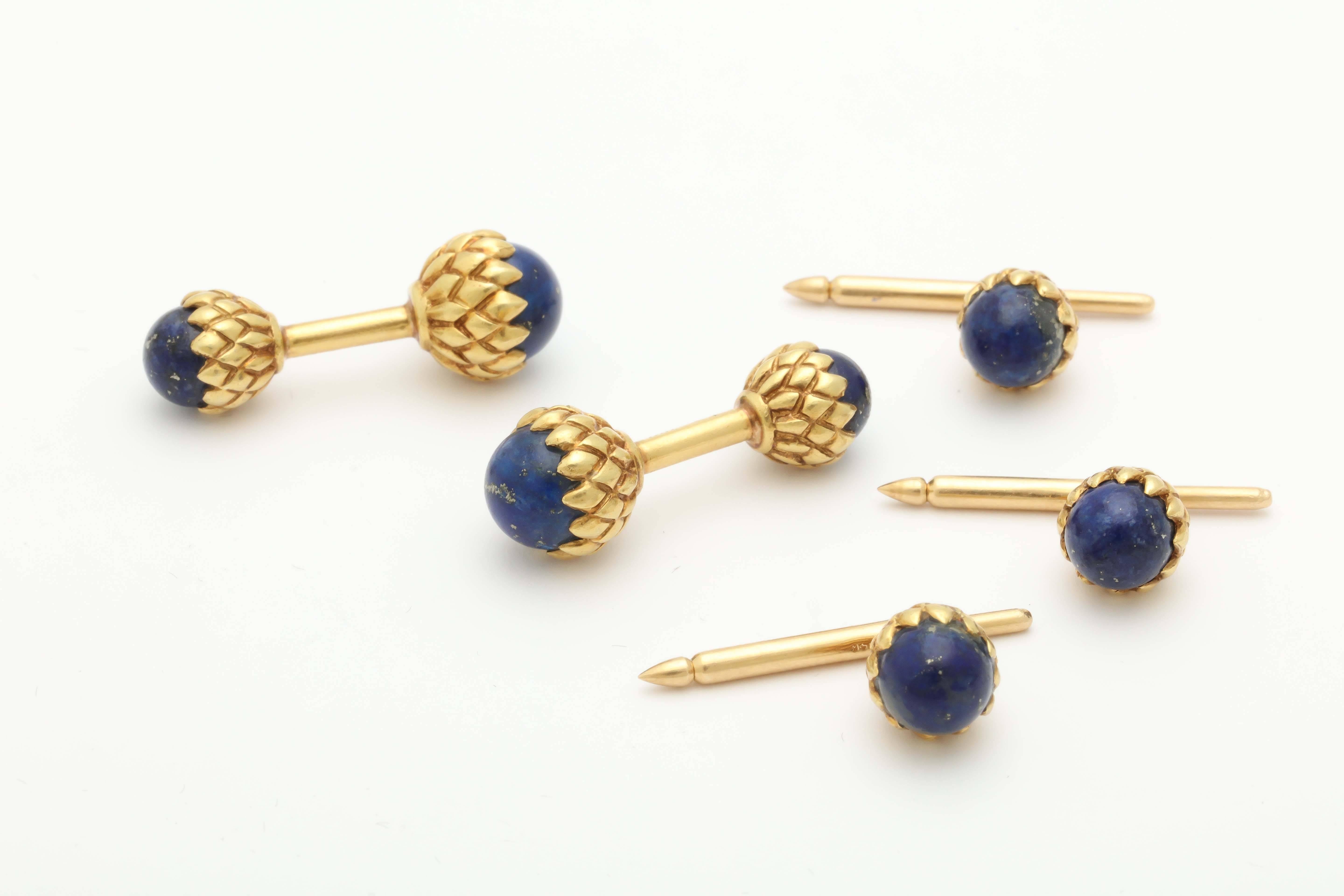 1970s Lapis Lazuli Textured Gold Double-Sided Cufflink Set With 3 Studs  1