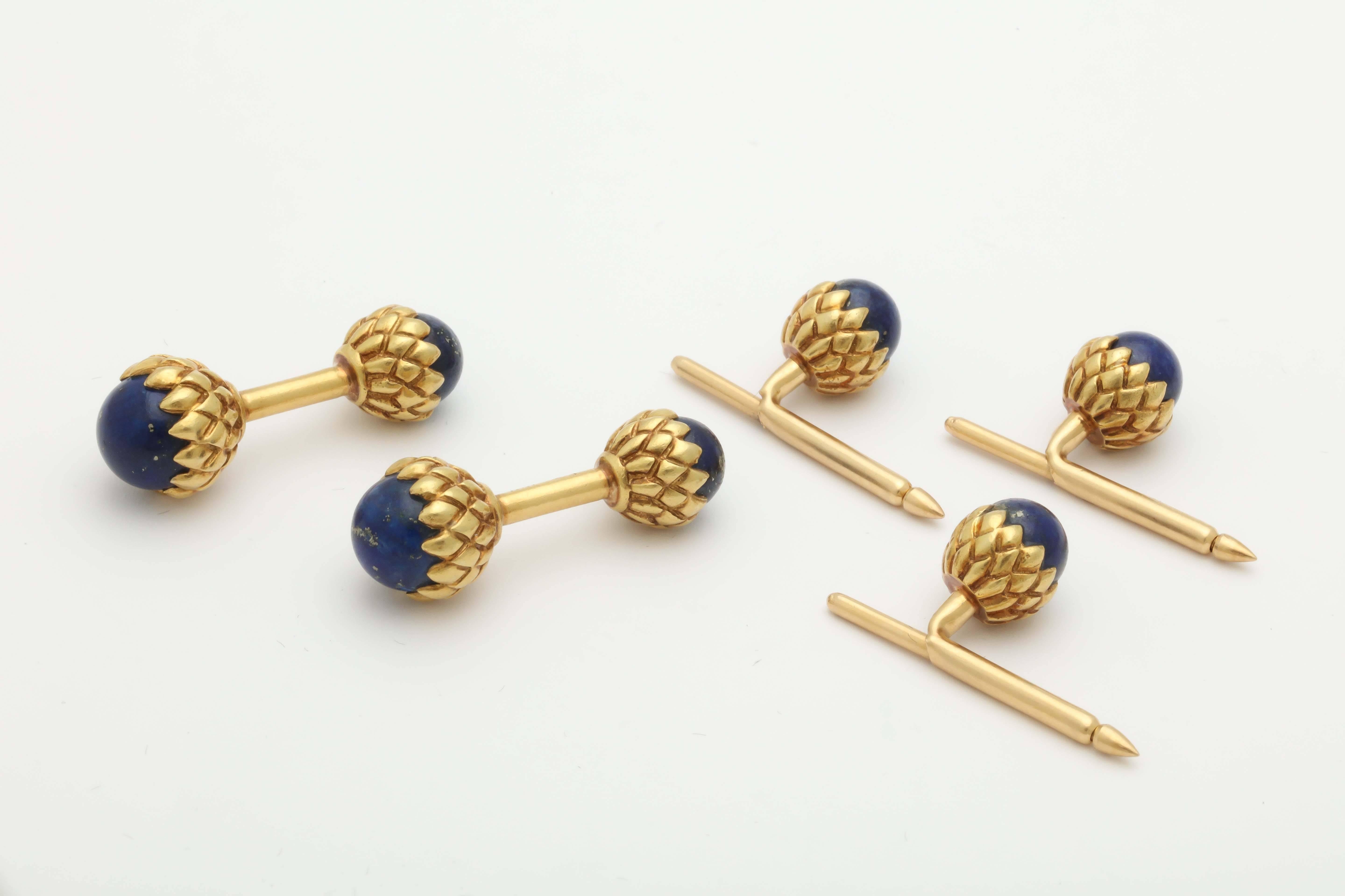 1970s Lapis Lazuli Textured Gold Double-Sided Cufflink Set With 3 Studs  2