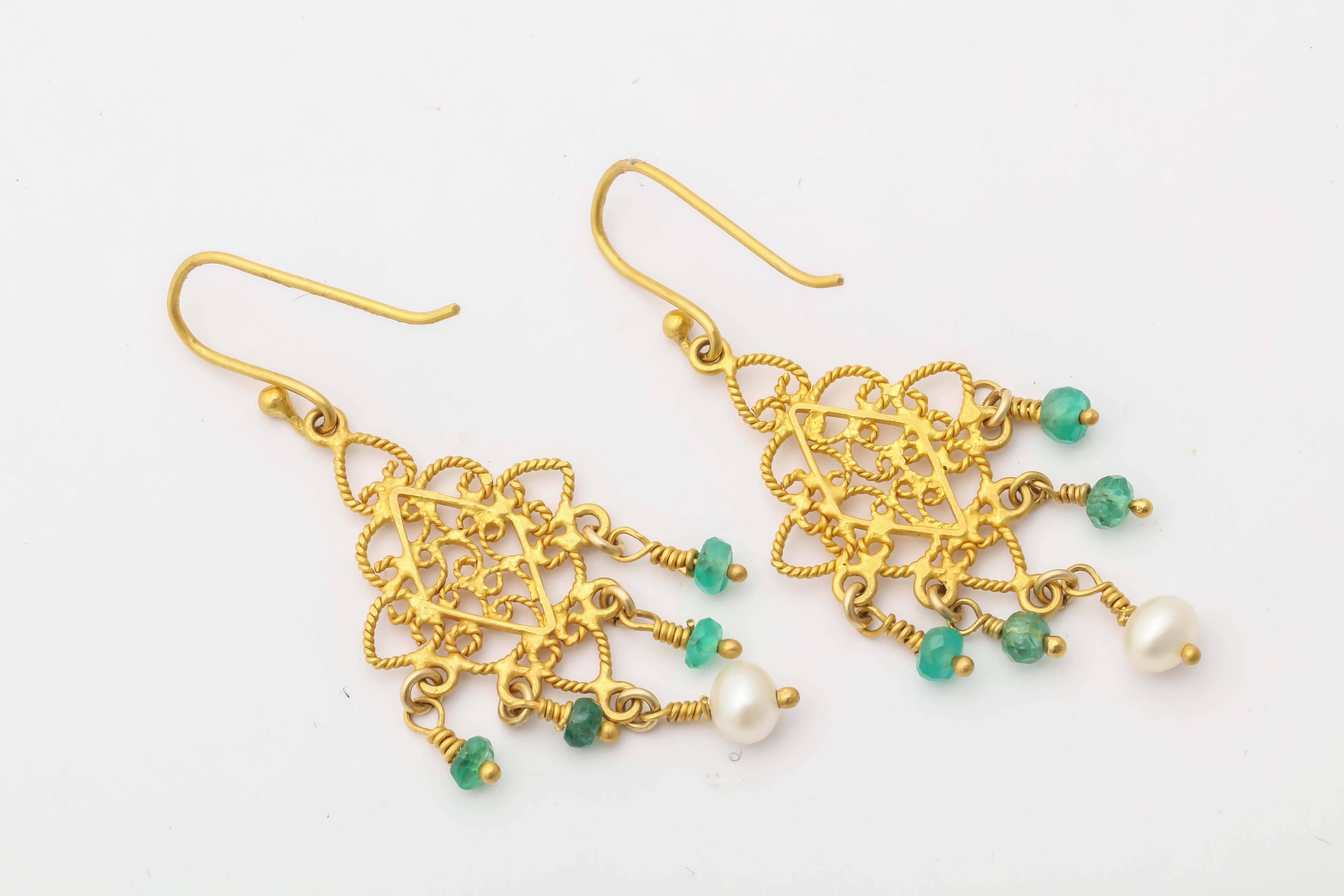 Greek Revival Pearl Emerald Gold Chandelier Earrings For Sale